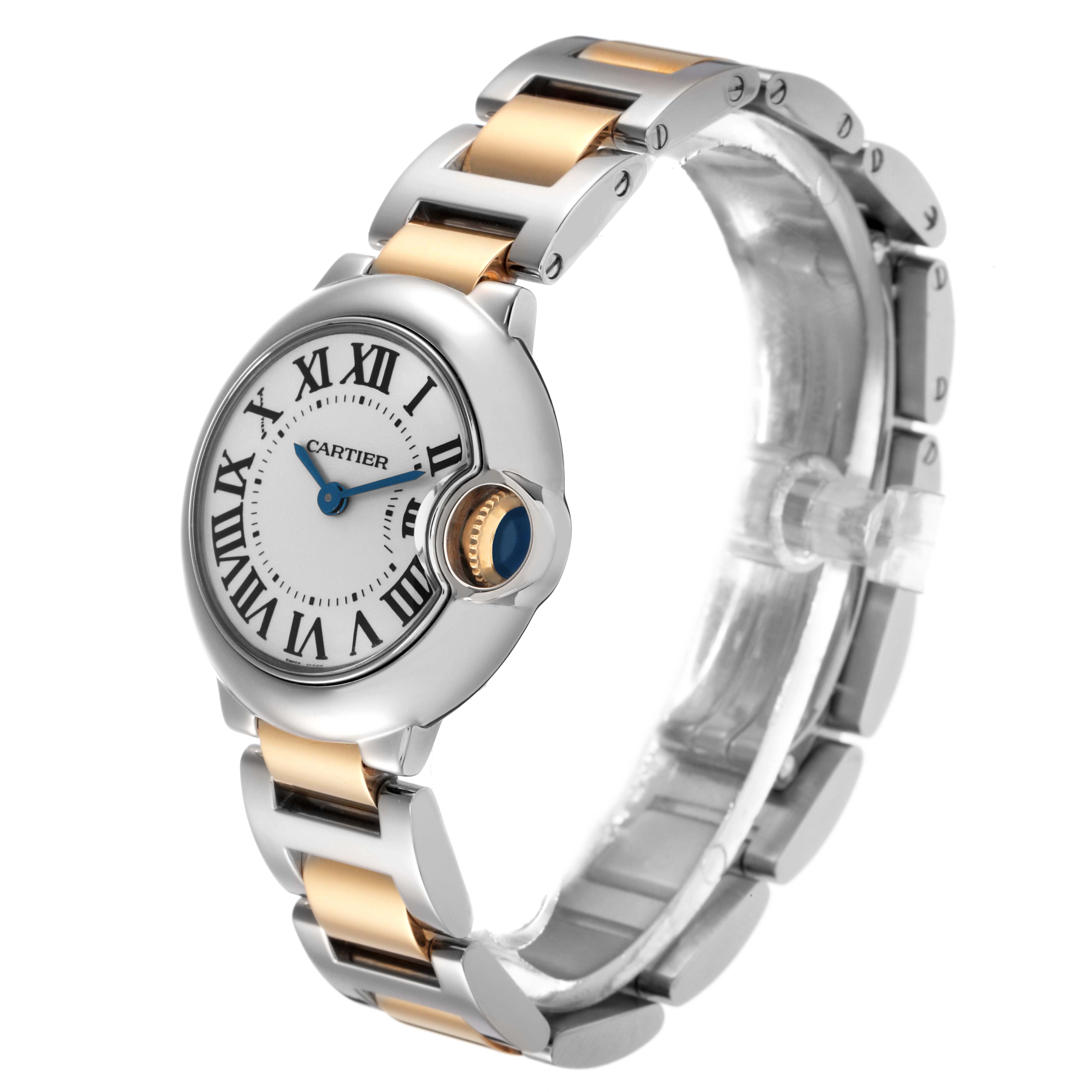 The Cartier Ballon Bleu W69007Z3 Women
s Steel and Gold (two tone) Silver Dial W69007Z3 Women
s Steel and Gold (two tone) Silver Dial watch is shown from a three-quarter angle, displaying its dial, crown, and bracelet.