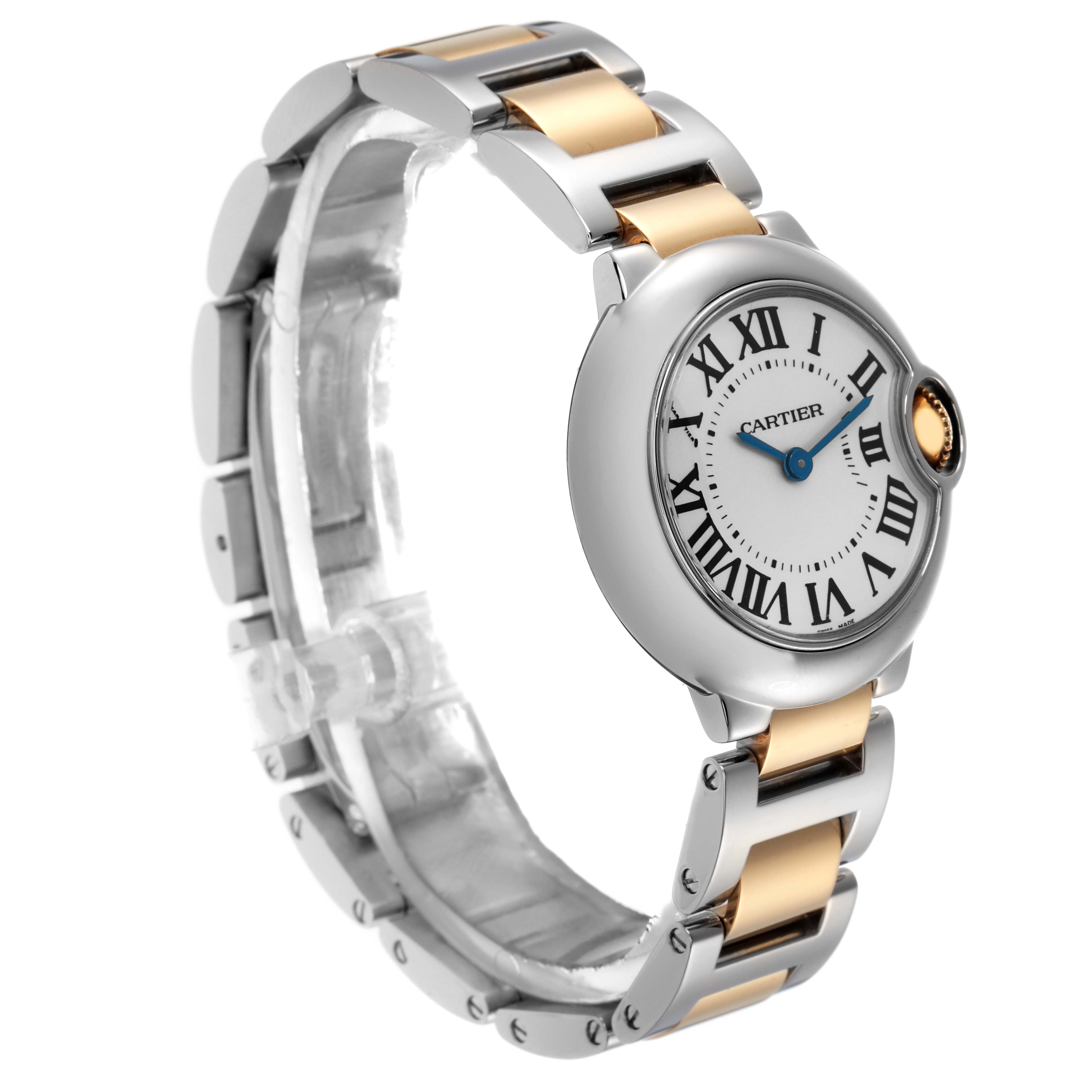 The Cartier Ballon Bleu W69007Z3 Women
s Steel and Gold (two tone) Silver Dial W69007Z3 Women
s Steel and Gold (two tone) Silver Dial watch is shown at a three-quarter angle, highlighting the face, crown, and mixed metal bracelet.