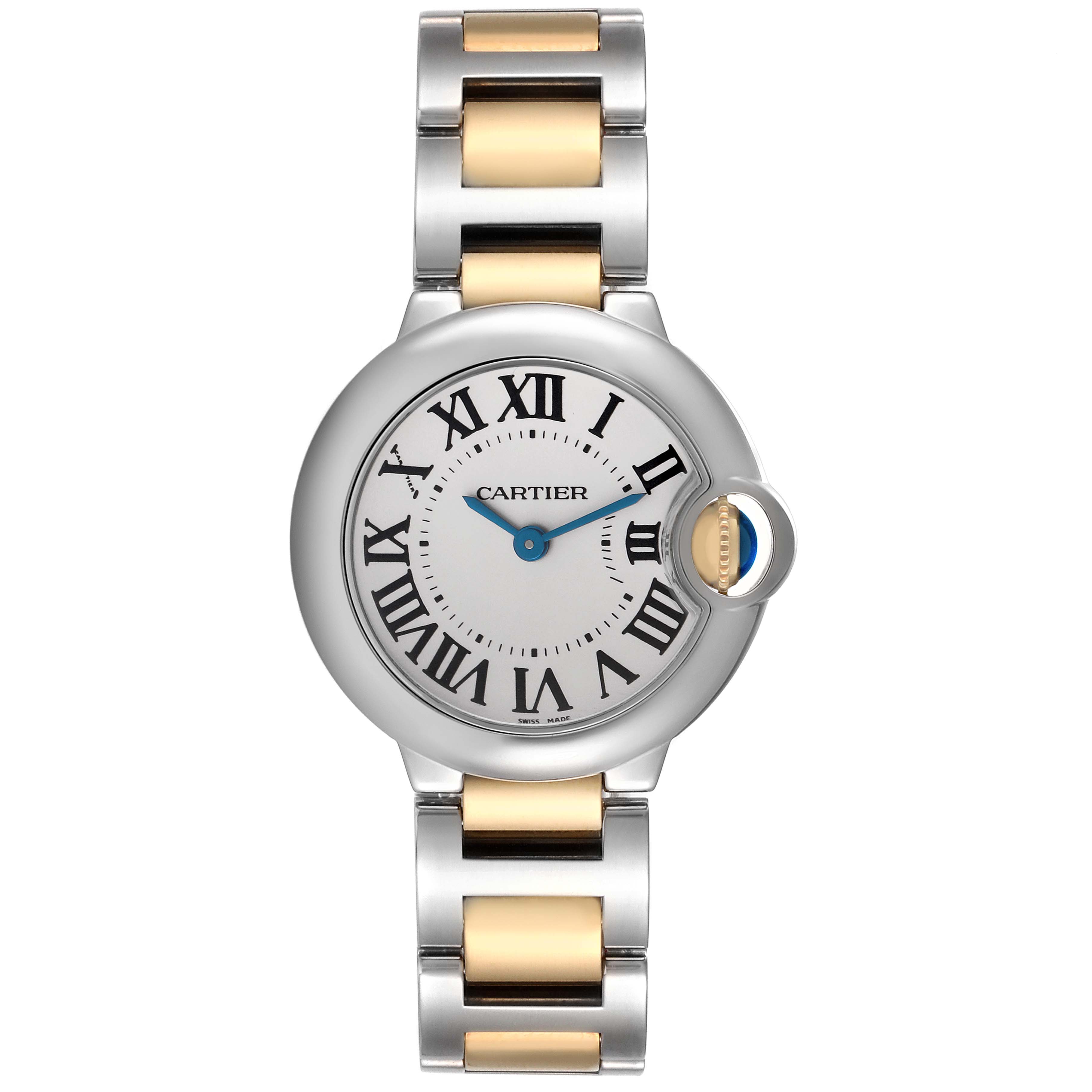 The Cartier Ballon Bleu W69007Z3 Women
s Steel and Gold (two tone) Silver Dial W69007Z3 Women
s Steel and Gold (two tone) Silver Dial watch is shown from the front, highlighting its face, Roman numerals, and two-tone bracelet.
