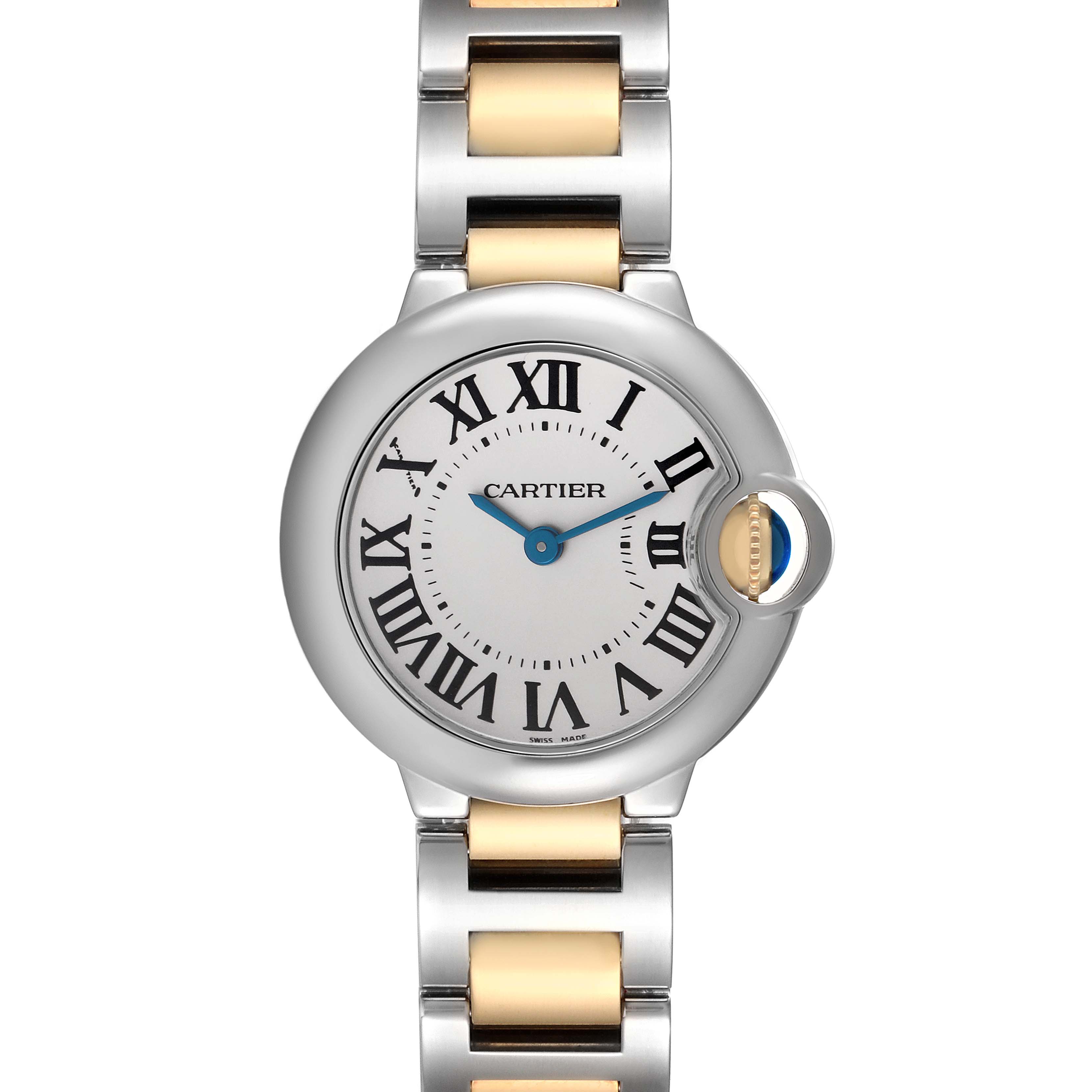 The Cartier Ballon Bleu W69007Z3 Women
s Steel and Gold (two tone) Silver Dial W69007Z3 Women
s Steel and Gold (two tone) Silver Dial watch is shown from a direct top-down angle, featuring the face, Roman numerals, and part of the bracelet.