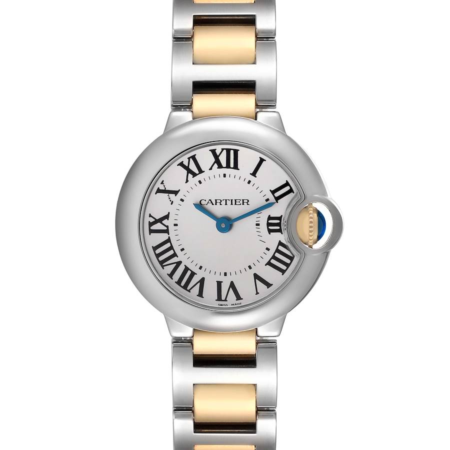 The Cartier Ballon Bleu watch is shown from a direct top-down angle, featuring the face, Roman numerals, and part of the bracelet.