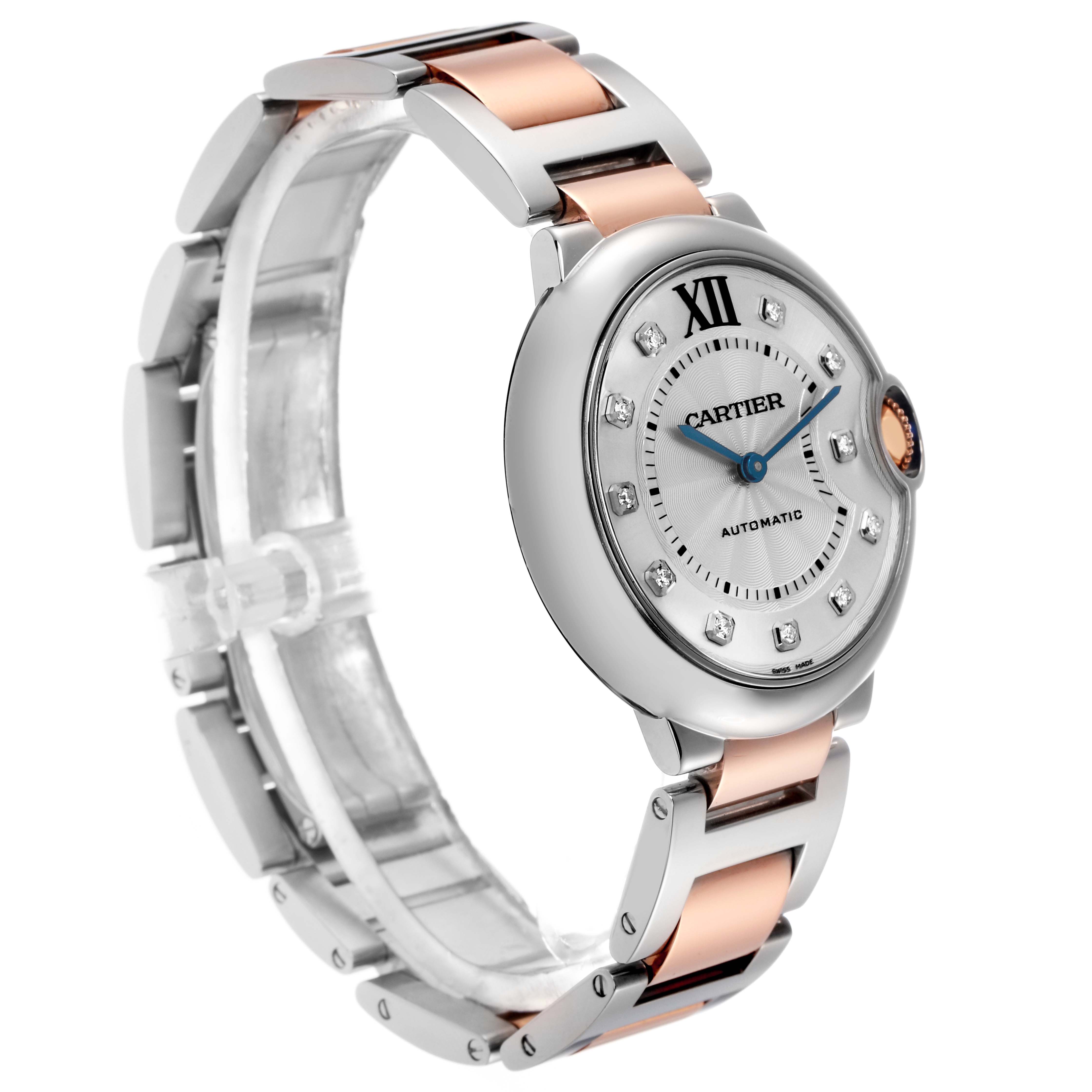 The image shows a Cartier Ballon Bleu W3BB0018 Men
s Steel and Gold (two tone) Silver Dial W3BB0018 Men
s Steel and Gold (two tone) Silver Dial watch at a slight angle, highlighting its dial, bezel, crown, and bracelet.