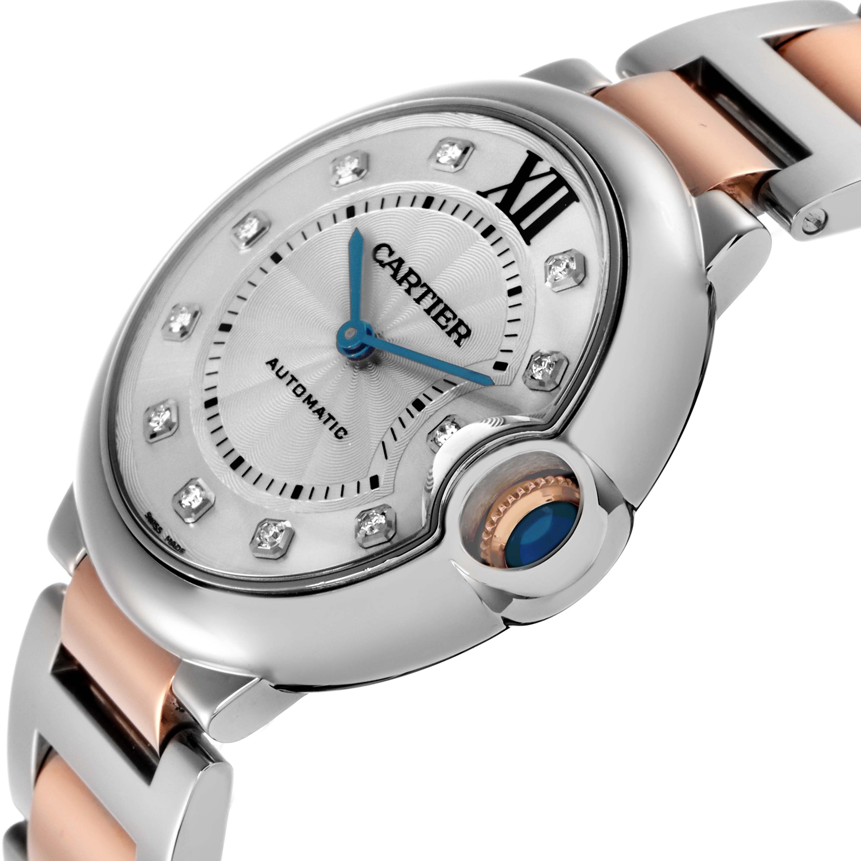 The Cartier Ballon Bleu W3BB0018 Men
s Steel and Gold (two tone) Silver Dial W3BB0018 Men
s Steel and Gold (two tone) Silver Dial watch is shown at an angle highlighting the dial, crown, and part of the bracelet.