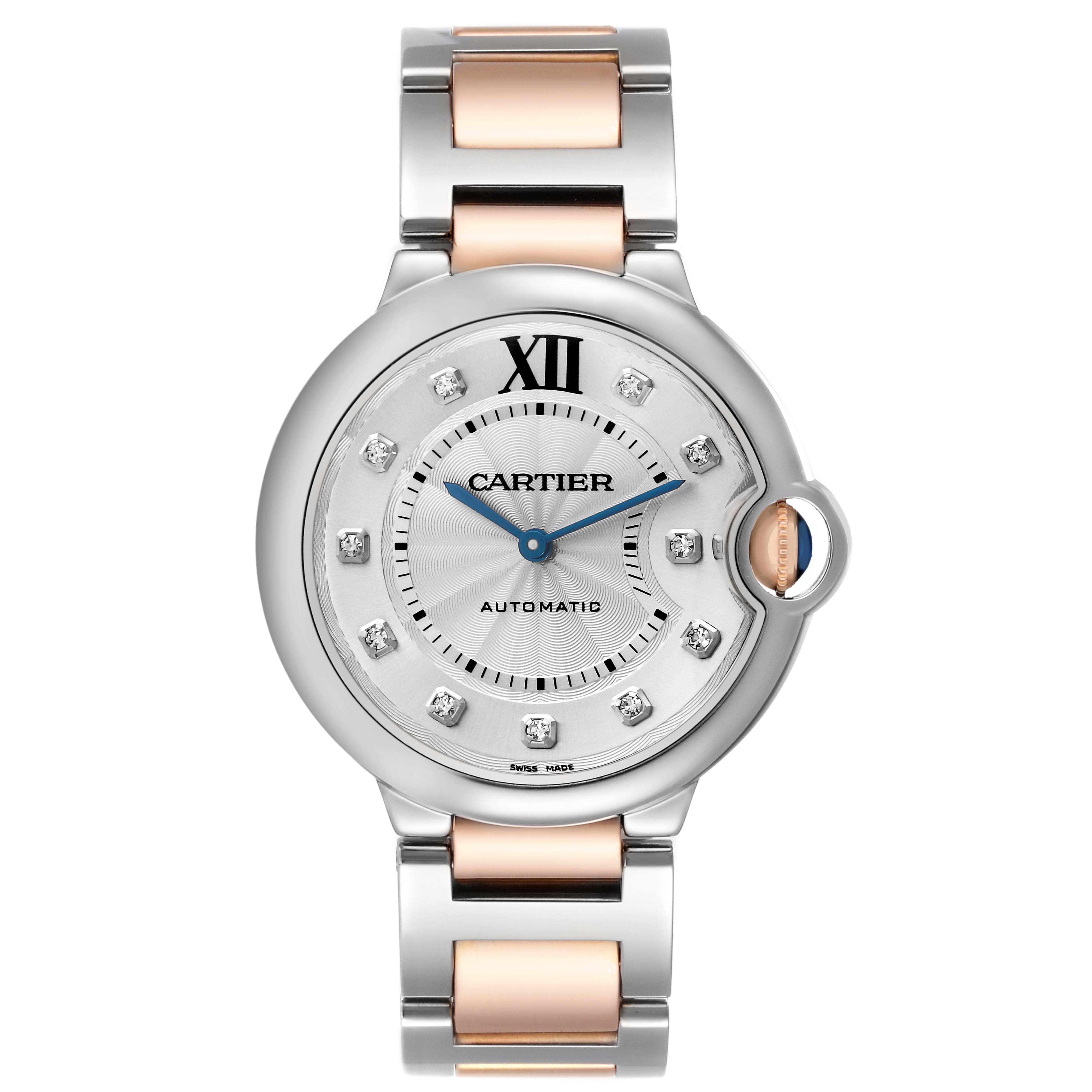 The Cartier Ballon Bleu W3BB0018 Men
s Steel and Gold (two tone) Silver Dial W3BB0018 Men
s Steel and Gold (two tone) Silver Dial watch is shown from a front view, highlighting its bracelet, roman numeral dial, and blue hands.