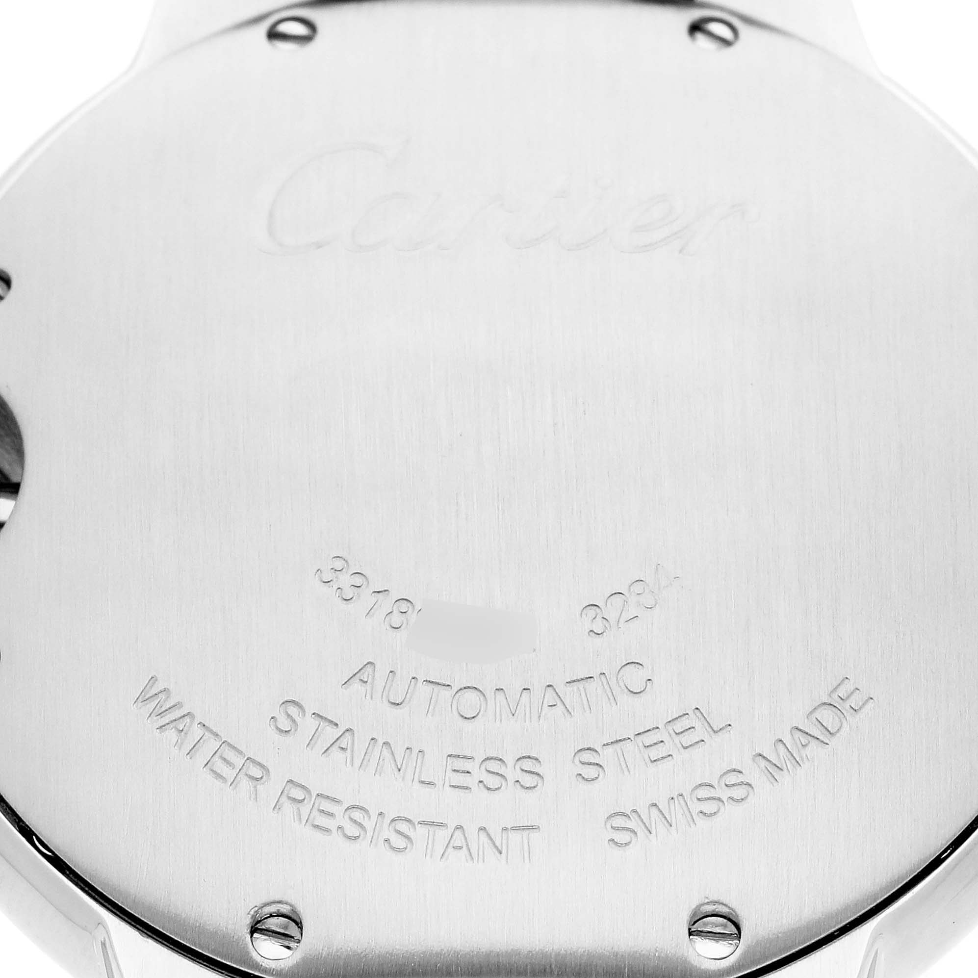 The image shows the case back of a Cartier Ballon Bleu W3BB0018 Men
s Steel and Gold (two tone) Silver Dial W3BB0018 Men
s Steel and Gold (two tone) Silver Dial, displaying text about materials and features.