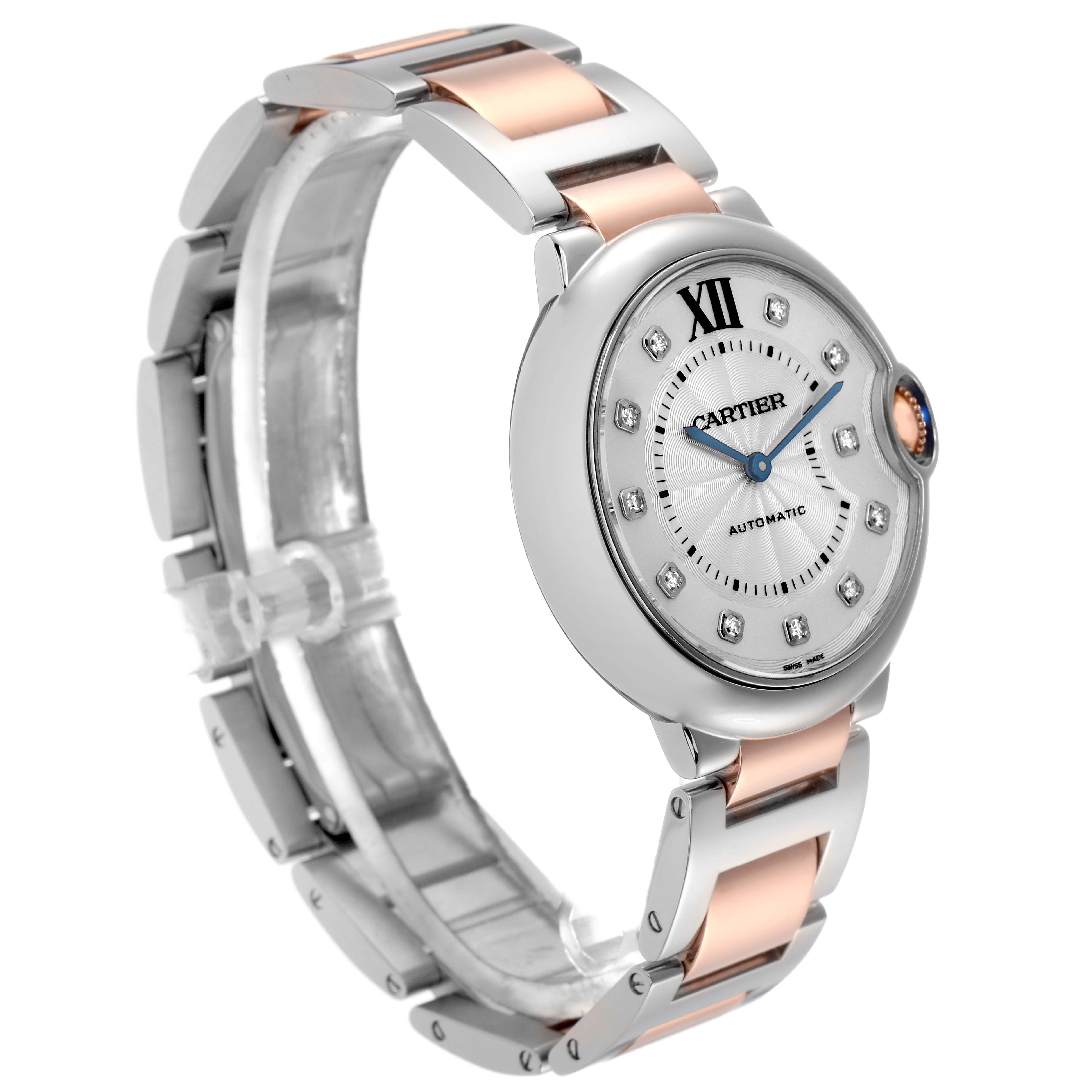 The Cartier Ballon Bleu W3BB0018 Men
s Steel and Gold (two tone) Silver Dial W3BB0018 Men
s Steel and Gold (two tone) Silver Dial watch is shown at an angle highlighting the face, crown, and two-tone bracelet.