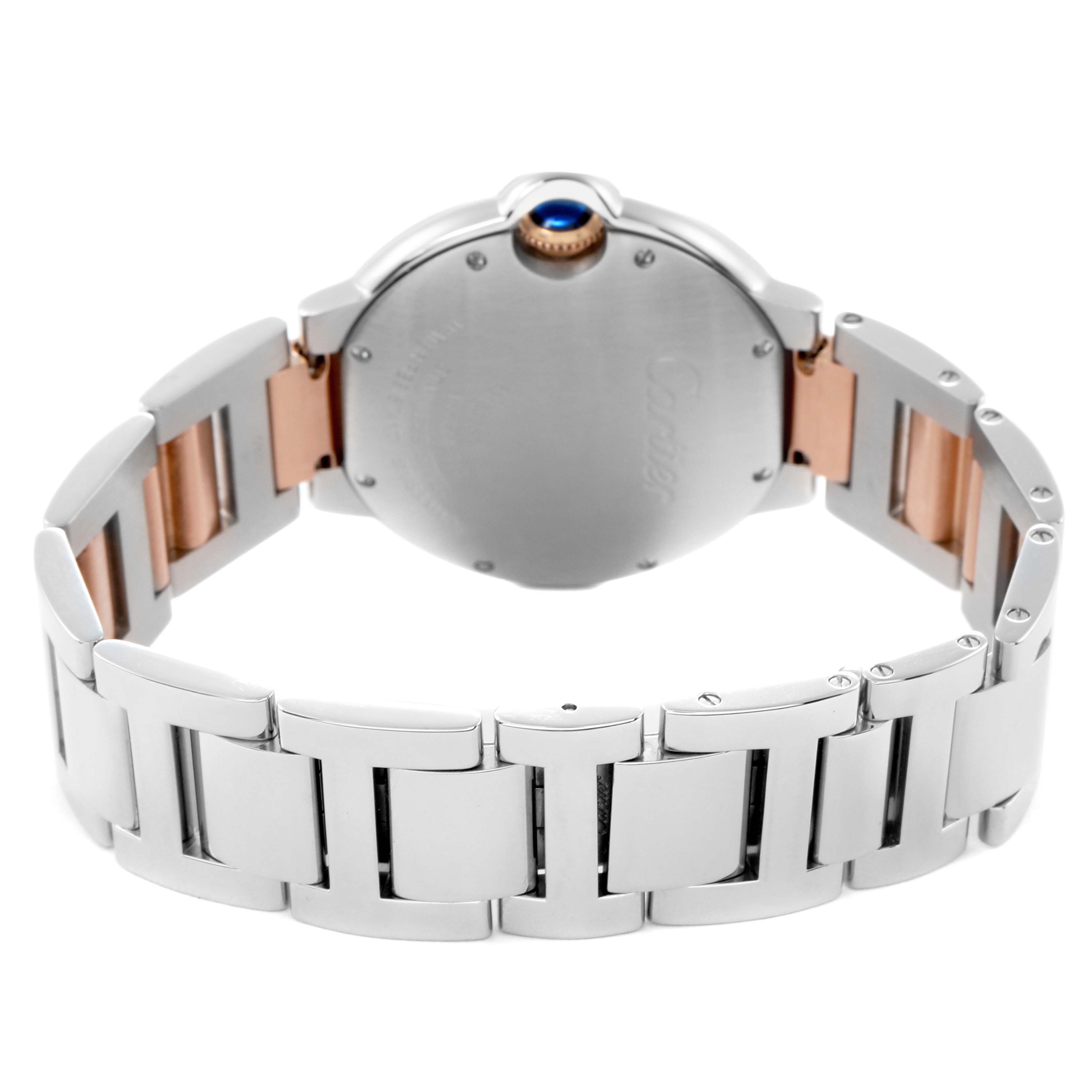 The image shows the back of a Cartier Ballon Bleu W3BB0018 Men
s Steel and Gold (two tone) Silver Dial W3BB0018 Men
s Steel and Gold (two tone) Silver Dial watch with a focus on the bracelet and crown.