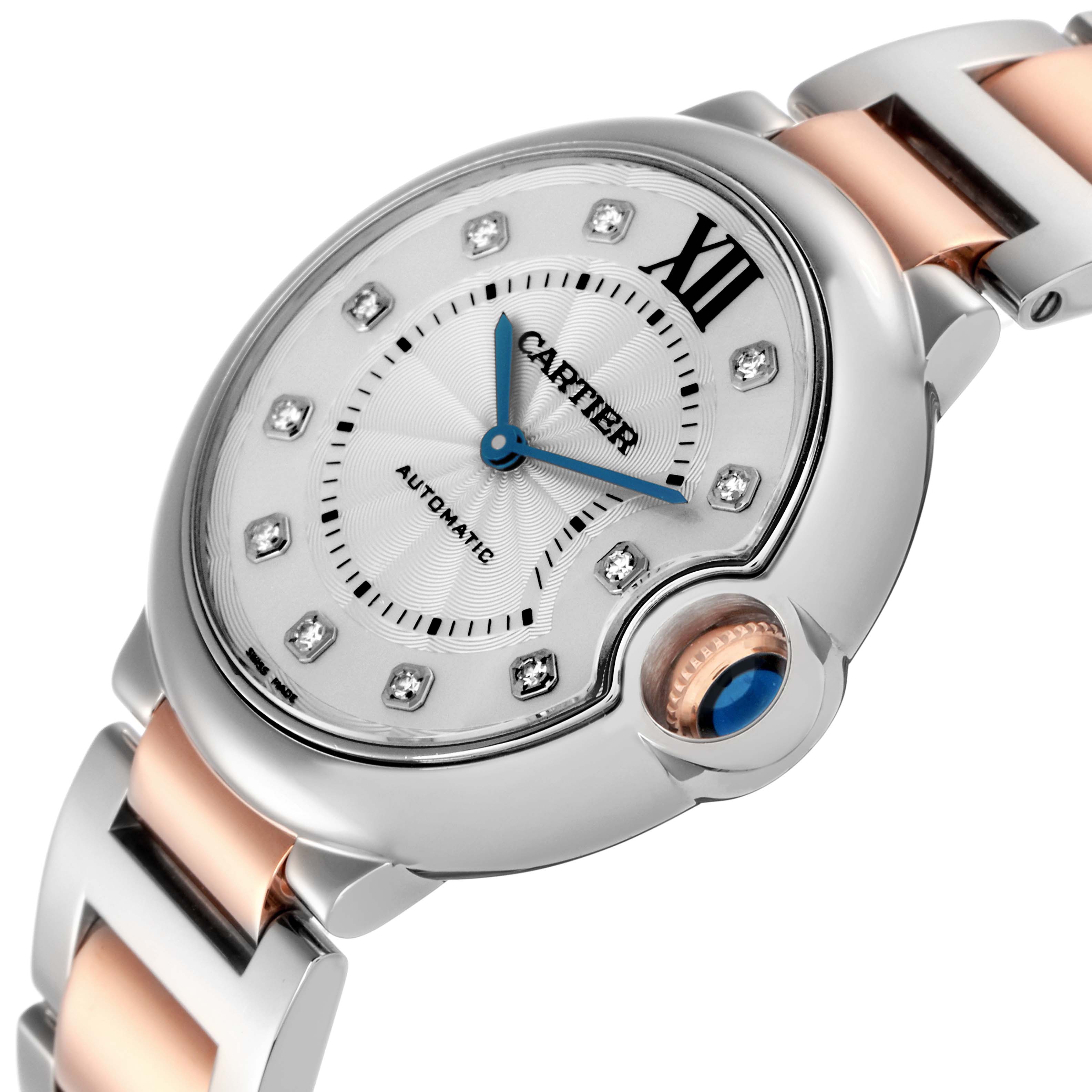 The Cartier Ballon Bleu W3BB0018 Men
s Steel and Gold (two tone) Silver Dial W3BB0018 Men
s Steel and Gold (two tone) Silver Dial watch is shown at an angle highlighting the dial, crown, and part of the bracelet.