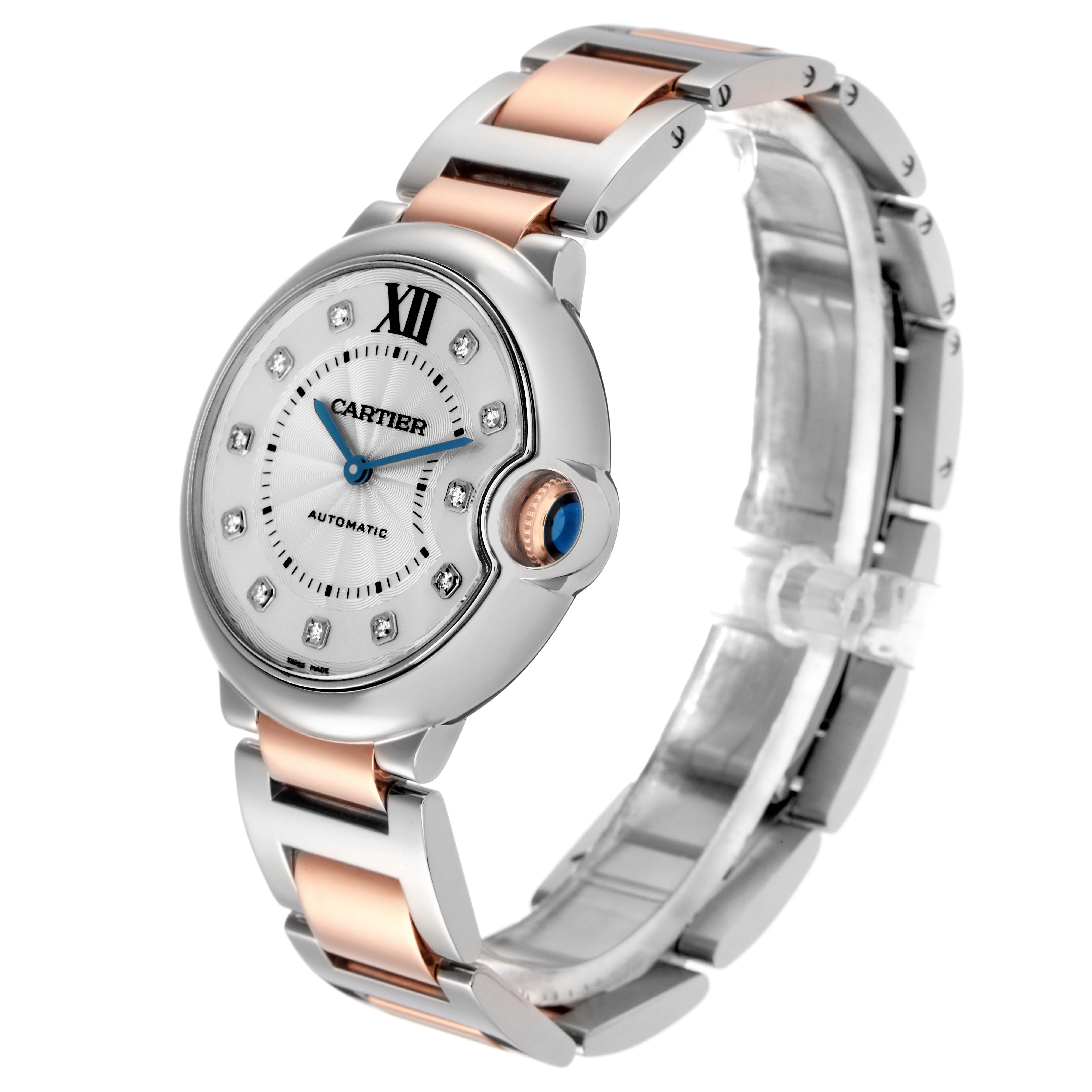 The Cartier Ballon Bleu W3BB0018 Men
s Steel and Gold (two tone) Silver Dial W3BB0018 Men
s Steel and Gold (two tone) Silver Dial watch is shown at a three-quarter angle, displaying the face, bezel, crown, and bracelet.