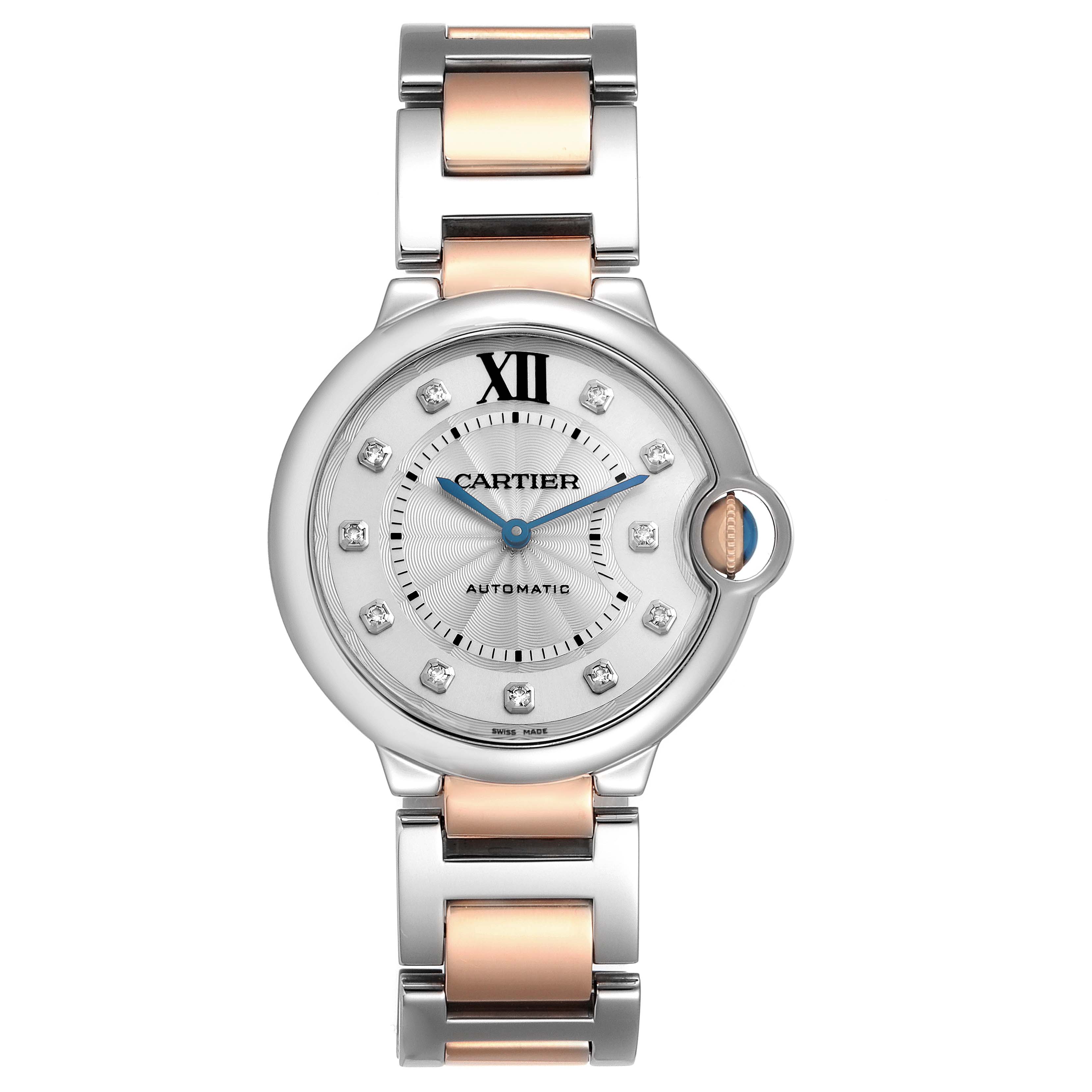 The Cartier Ballon Bleu W3BB0018 Men
s Steel and Gold (two tone) Silver Dial W3BB0018 Men
s Steel and Gold (two tone) Silver Dial watch is shown from a top-down angle, highlighting its dual-tone bracelet and distinctive round case.