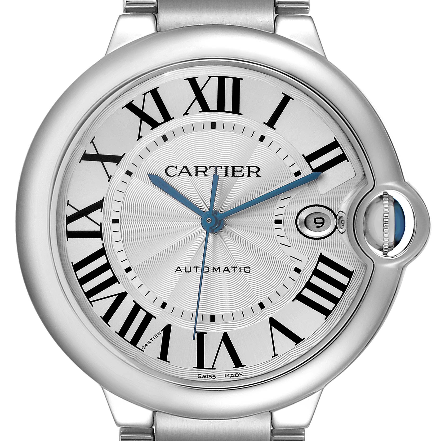 The Cartier Ballon Bleu W69012Z4 Men
s Stainless Steel Silver Dial W69012Z4 Men
s Stainless Steel Silver Dial watch is shown from a top-down angle, highlighting the face, Roman numerals, and crown with blue details.