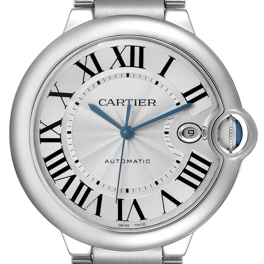 The Cartier Ballon Bleu watch is shown from a top-down angle, highlighting the face, Roman numerals, and crown with blue details.