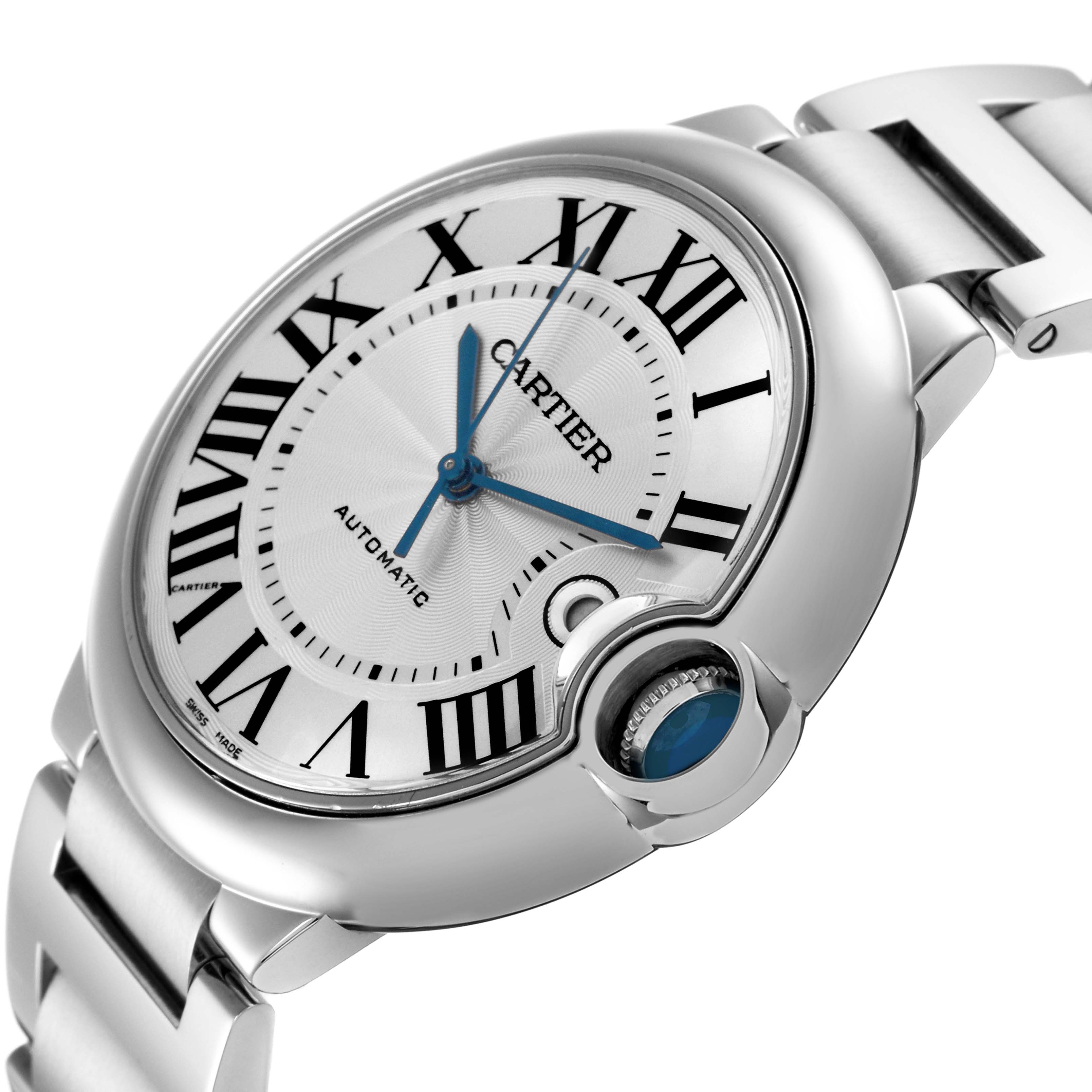 The Cartier Ballon Bleu W69012Z4 Men
s Stainless Steel Silver Dial W69012Z4 Men
s Stainless Steel Silver Dial watch is shown at an angle highlighting the dial, Roman numerals, blue hands, and crown with gemstone.