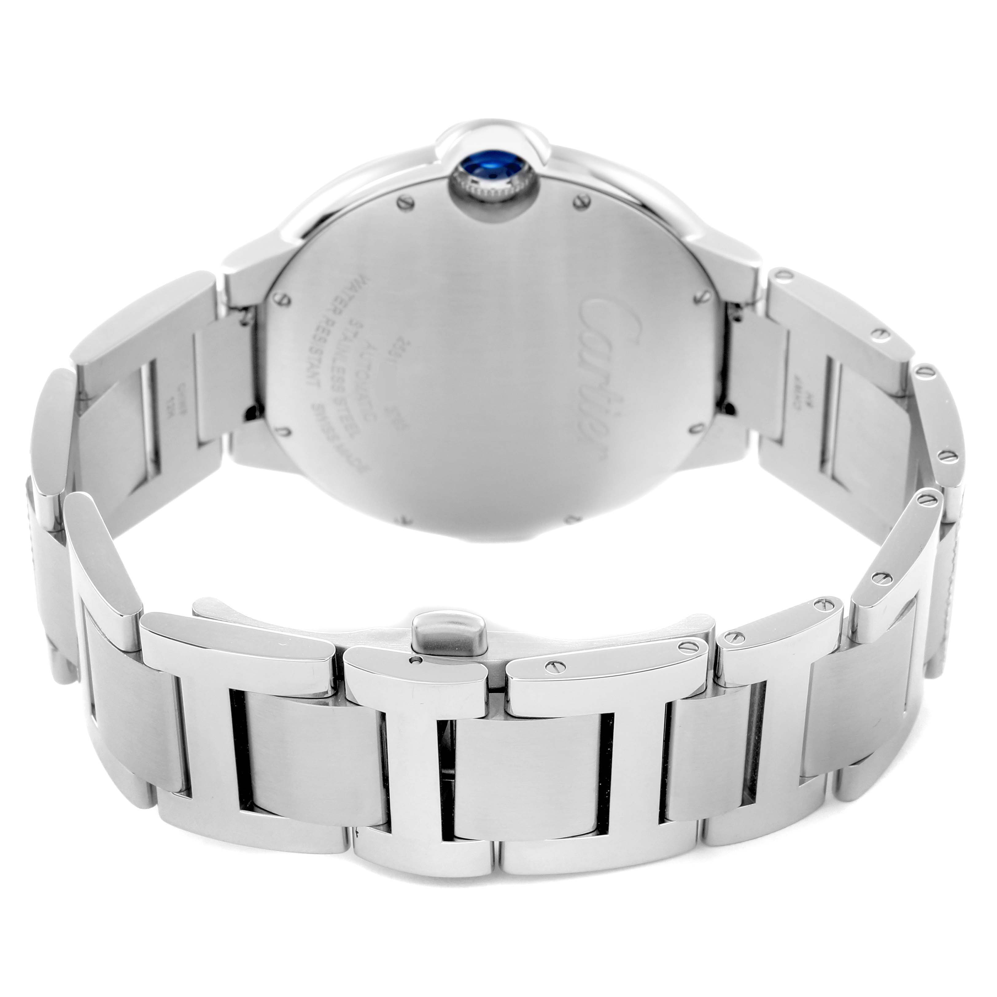 The image shows the back of a Cartier Ballon Bleu W69012Z4 Men
s Stainless Steel Silver Dial W69012Z4 Men
s Stainless Steel Silver Dial watch highlighting the metal bracelet and clasp.