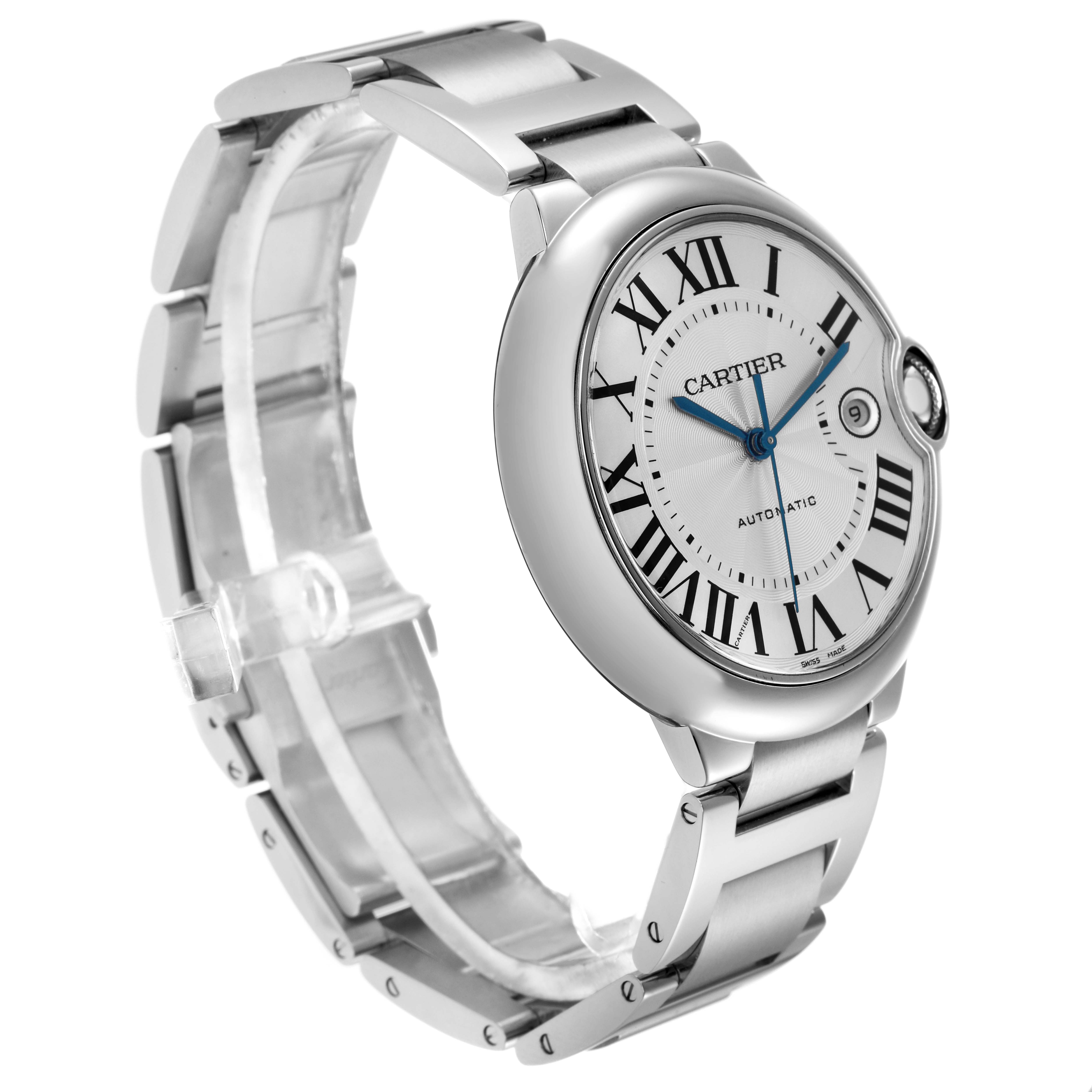 The Cartier Ballon Bleu W69012Z4 Men
s Stainless Steel Silver Dial W69012Z4 Men
s Stainless Steel Silver Dial watch is shown at a three-quarter angle, highlighting the case, dial, bracelet, and signature crown.