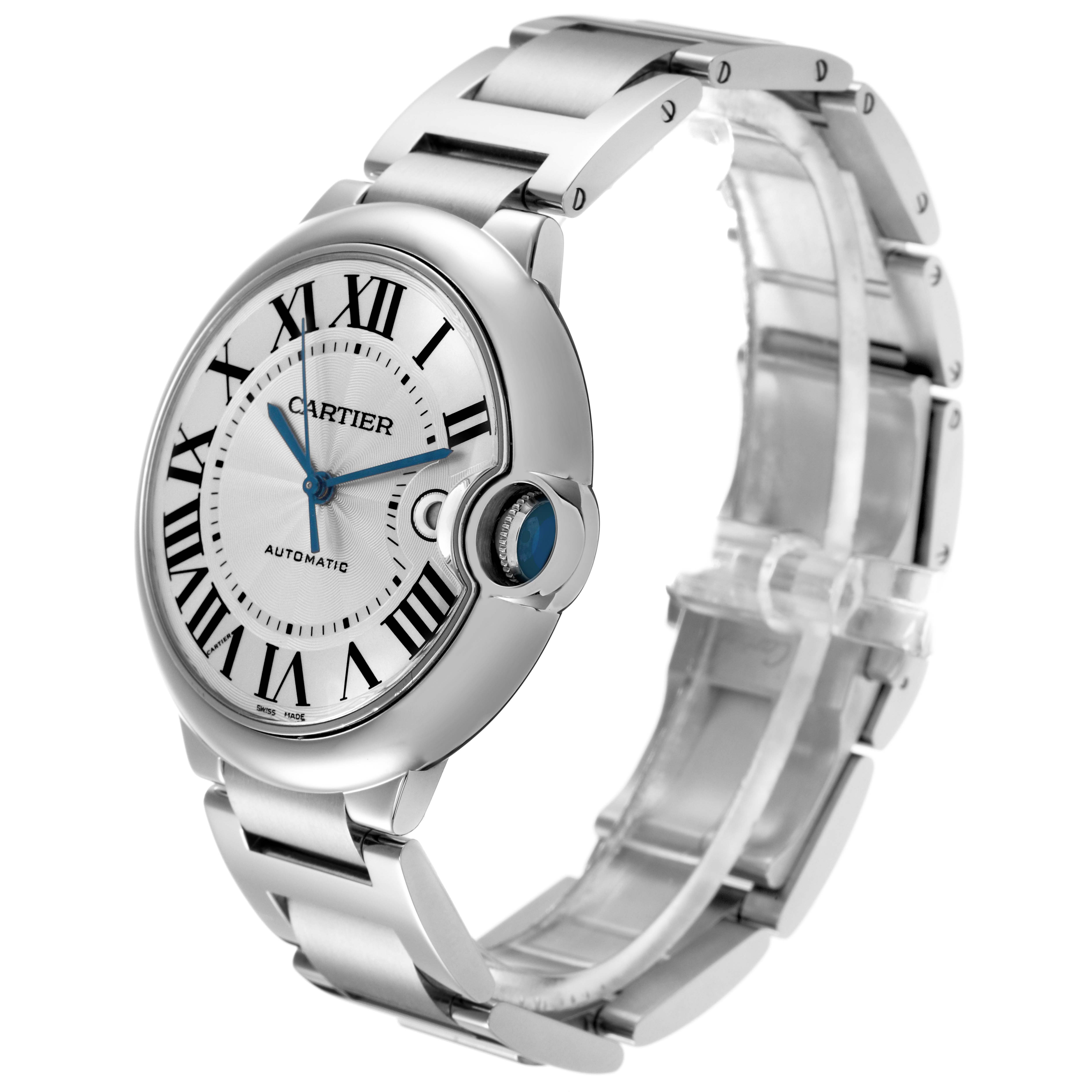 The Cartier Ballon Bleu W69012Z4 Men
s Stainless Steel Silver Dial W69012Z4 Men
s Stainless Steel Silver Dial watch is shown at a three-quarter angle, displaying the face, bezel, crown, and bracelet.