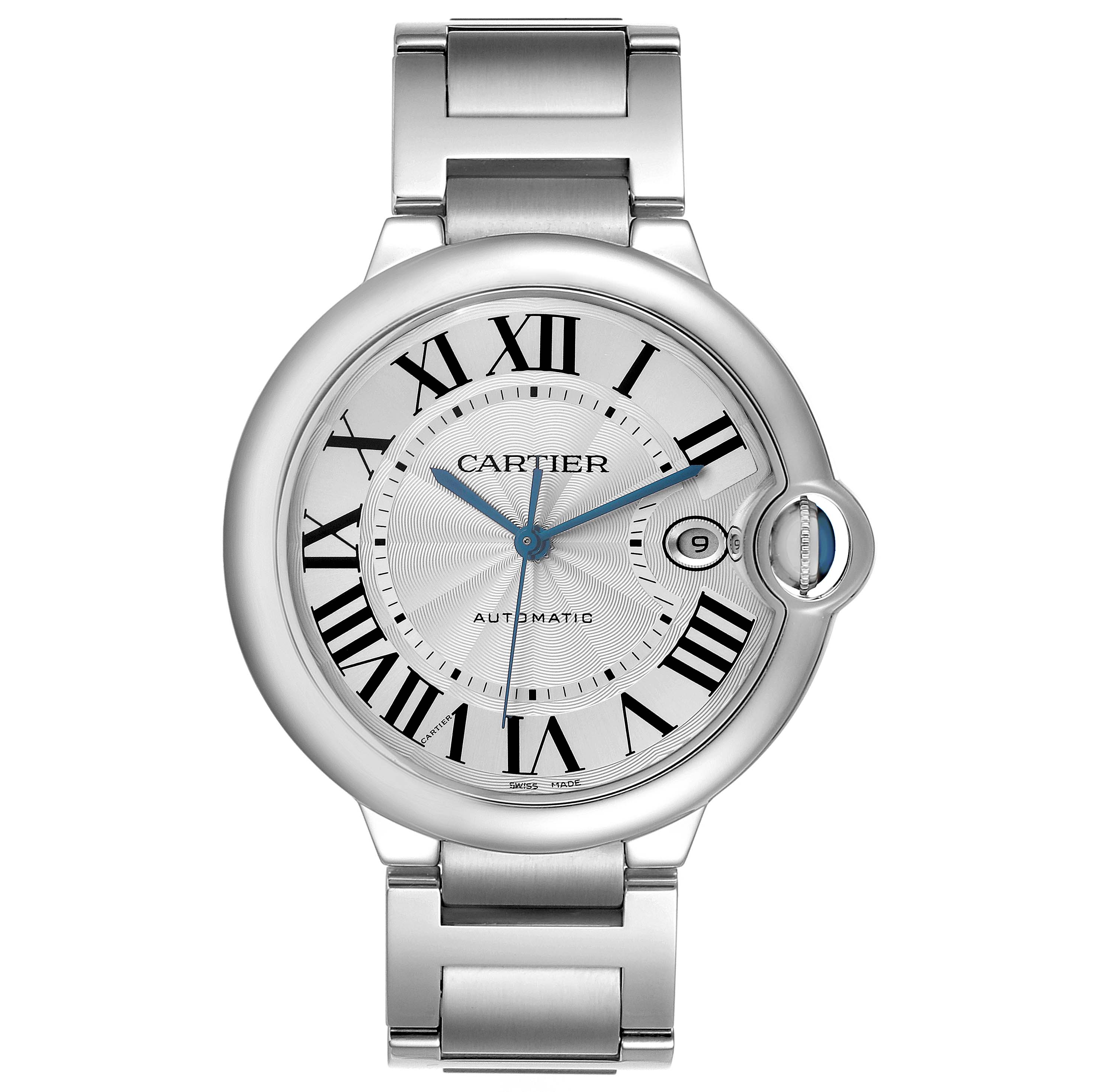 The Cartier Ballon Bleu W69012Z4 Men
s Stainless Steel Silver Dial W69012Z4 Men
s Stainless Steel Silver Dial watch is shown from a front angle, displaying the face, bezel, bracelet, and crown.
