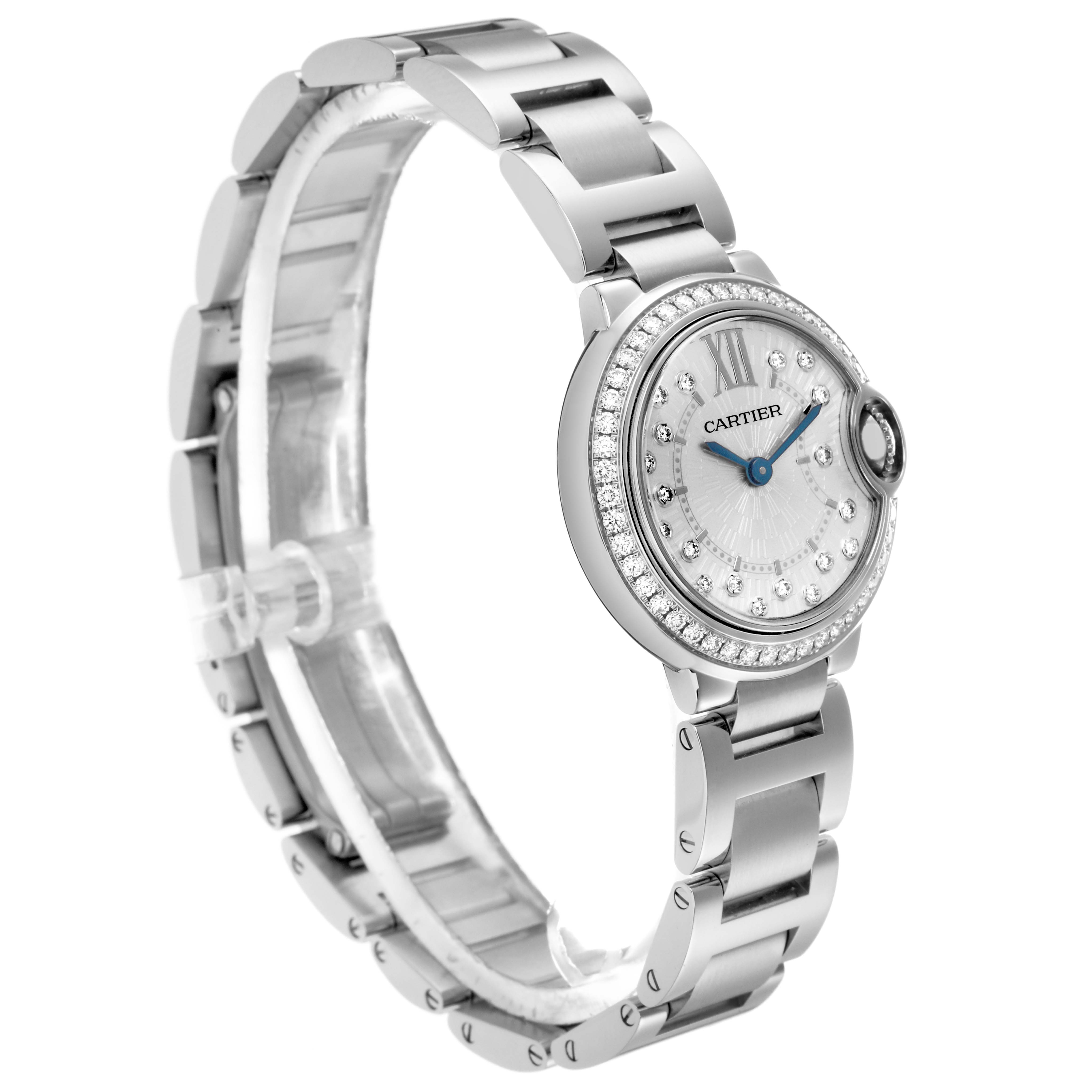 The Cartier Ballon Bleu W4BB0034 Women
s Stainless Steel Silver Dial W4BB0034 Women
s Stainless Steel Silver Dial watch is shown at a slight angle, highlighting the diamond-studded bezel, face, and metal strap.