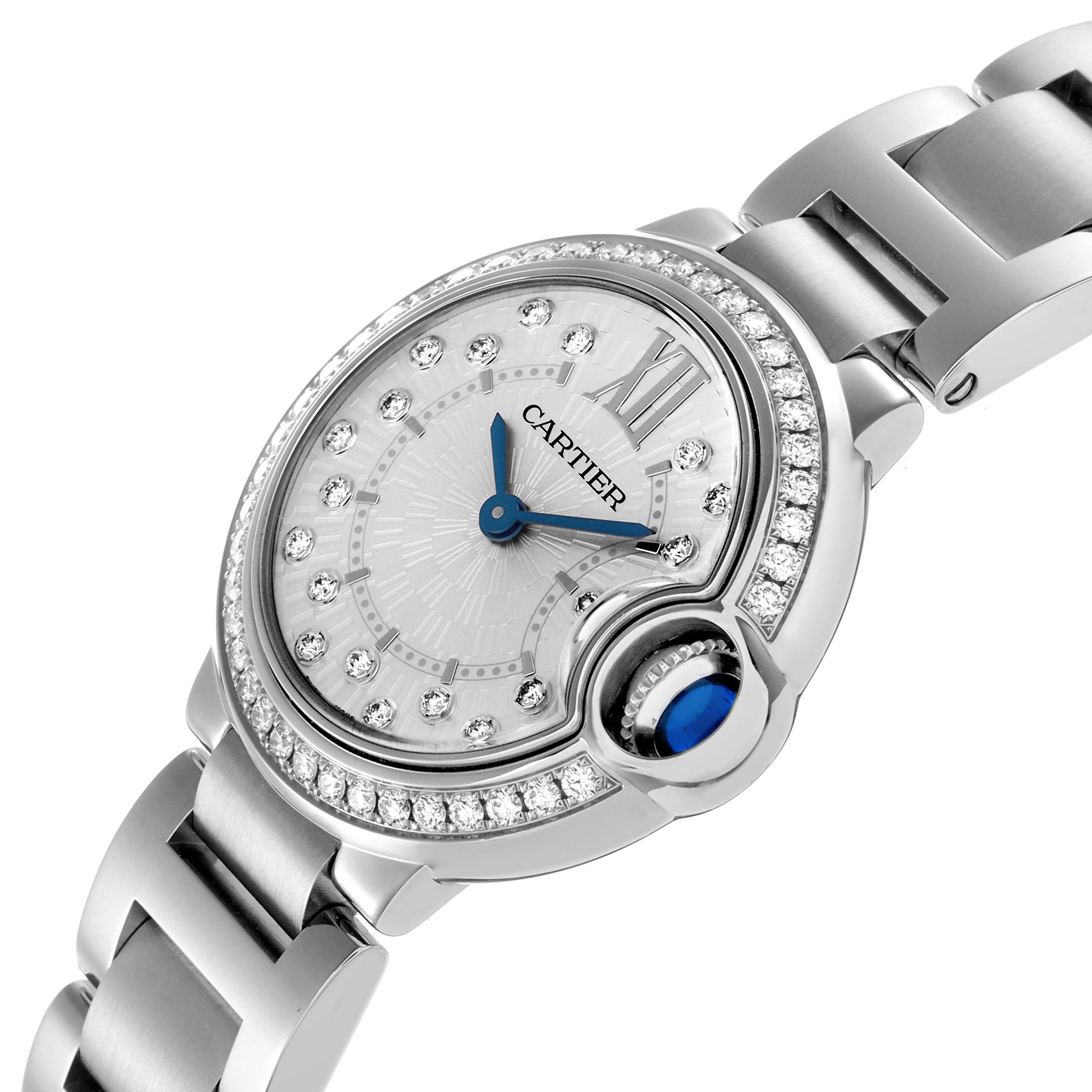 The Cartier Ballon Bleu W4BB0034 Women
s Stainless Steel Silver Dial W4BB0034 Women
s Stainless Steel Silver Dial watch is shown from an angled top view, highlighting the dial, bezel, crown, and bracelet.