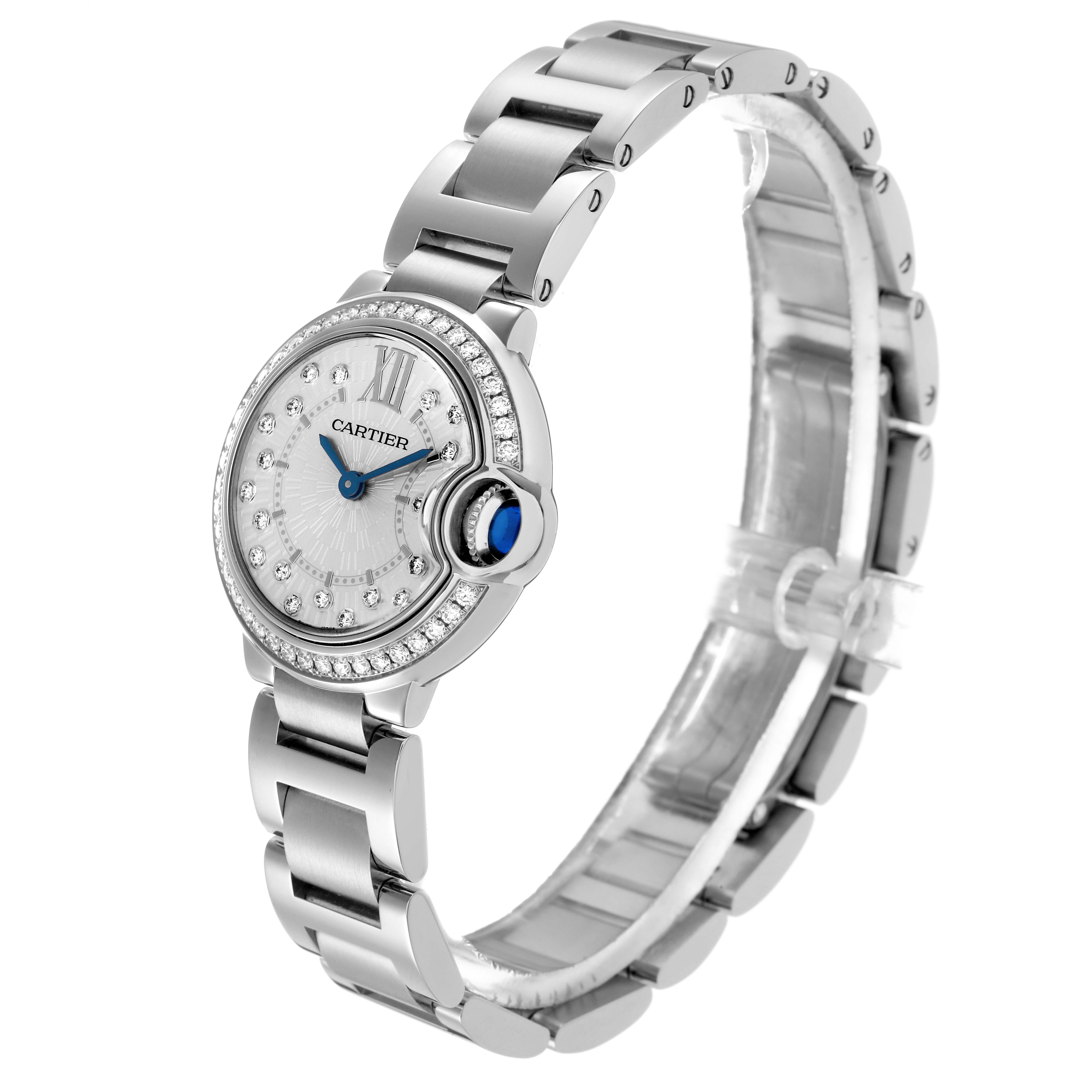 The Cartier Ballon Bleu W4BB0034 Women
s Stainless Steel Silver Dial W4BB0034 Women
s Stainless Steel Silver Dial watch is shown at a slight angle, highlighting the face, crown, and stainless steel bracelet.