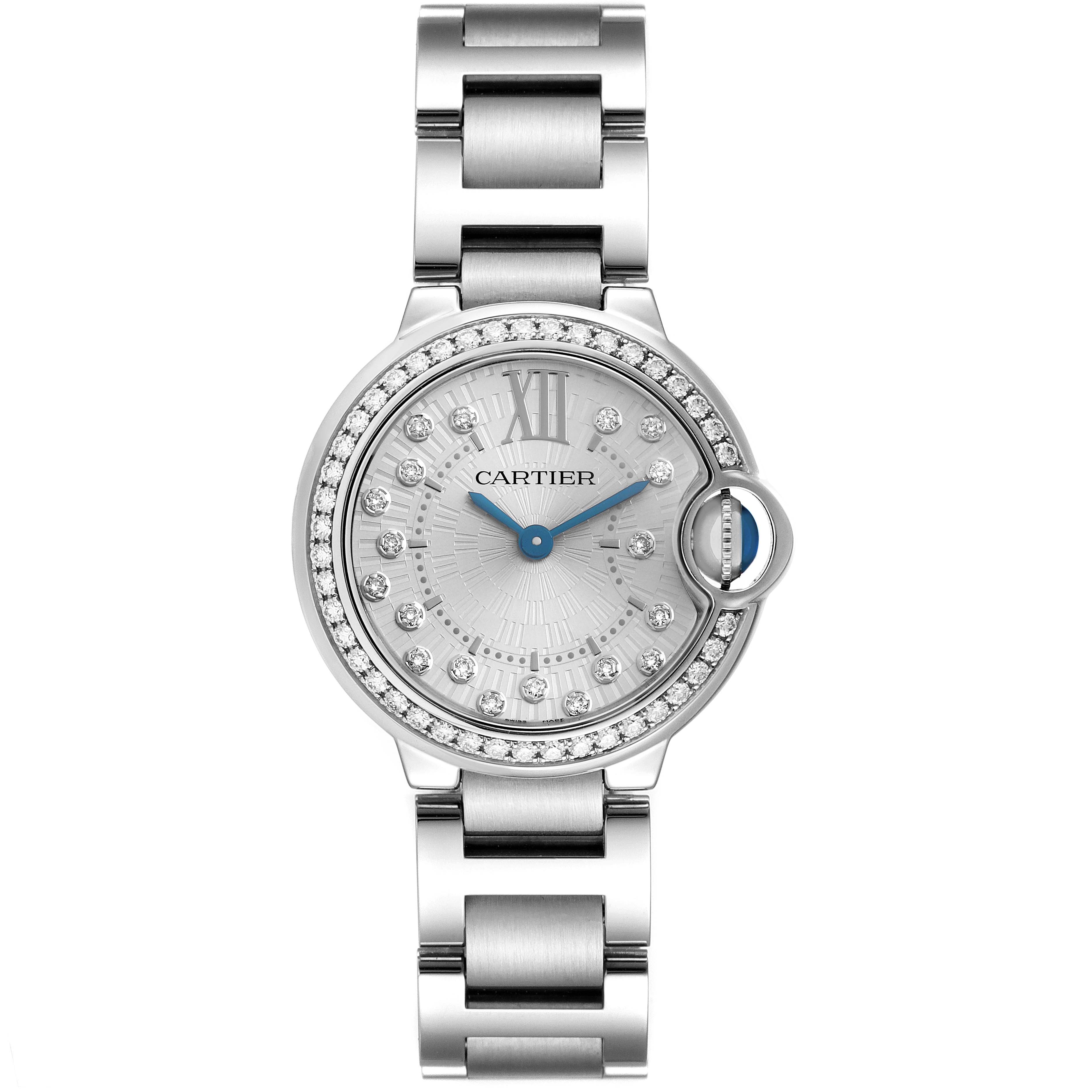 The Ballon Bleu de Cartier watch is shown from a top-down angle, highlighting its dial, hands, bezel, crown, and bracelet.