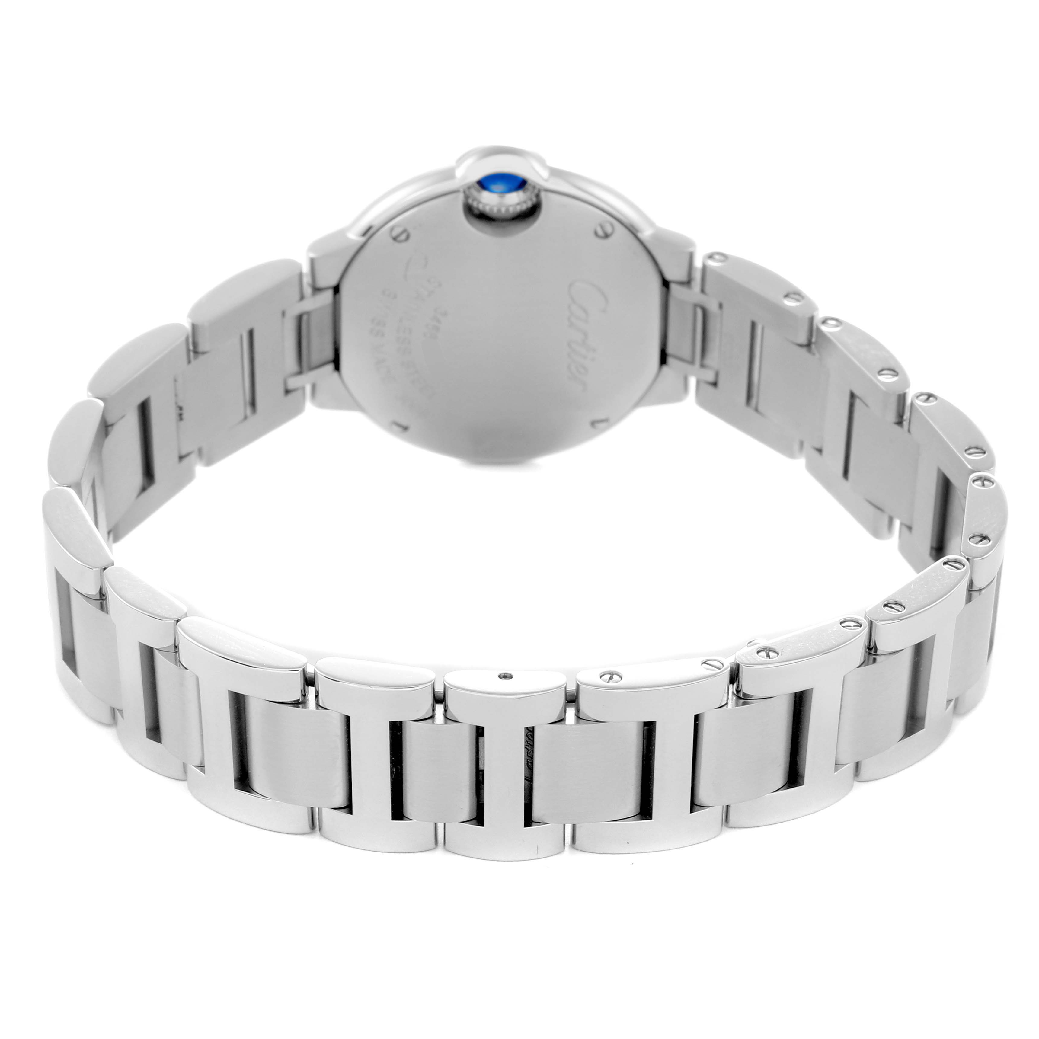 The image shows the back of the Ballon Bleu by Cartier, highlighting the bracelet and case back with the crown visible.
