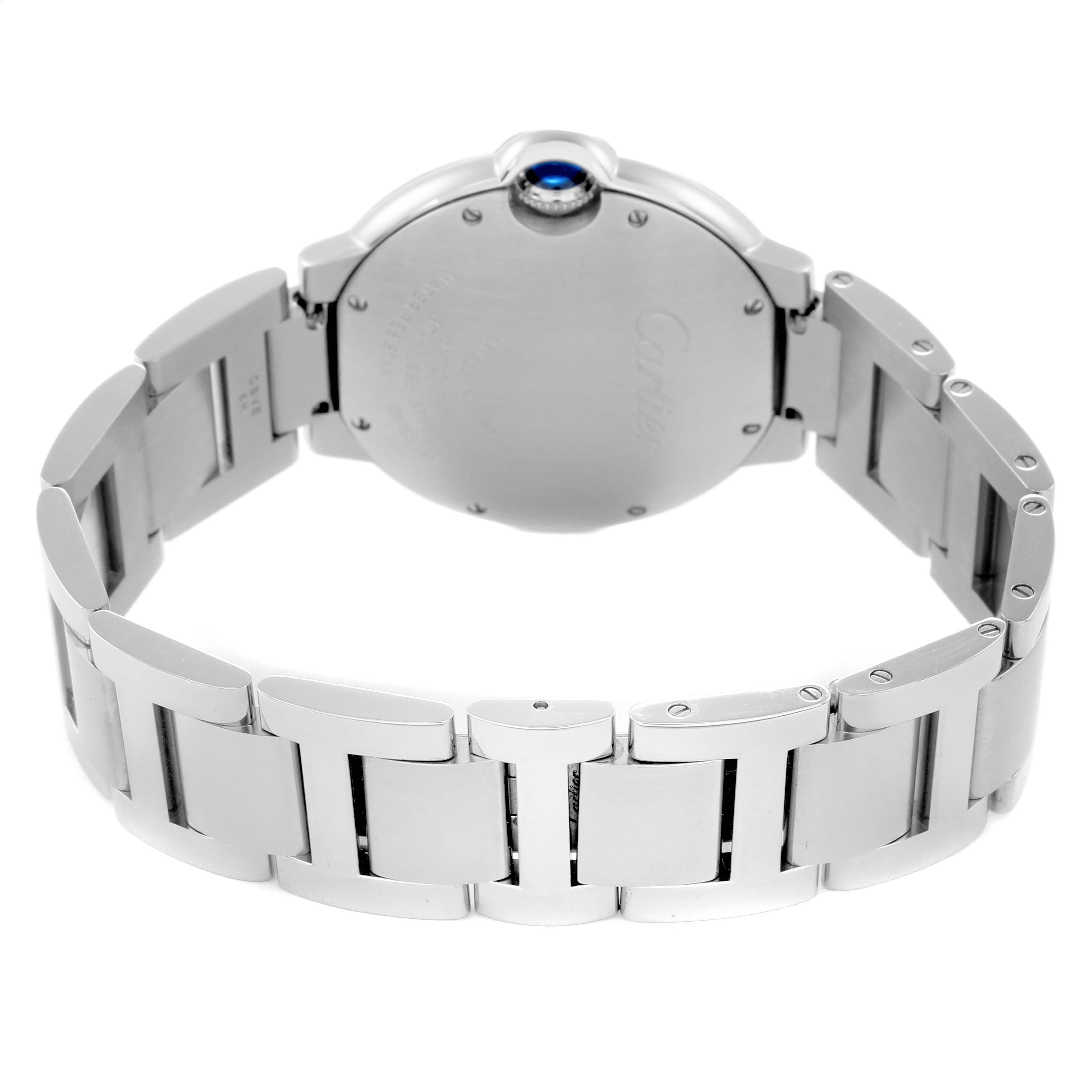 The image shows the back and bracelet of a Cartier Ballon Bleu W6920046 Women
s Stainless Steel Silver Dial W6920046 Women
s Stainless Steel Silver Dial watch from a rear angle.