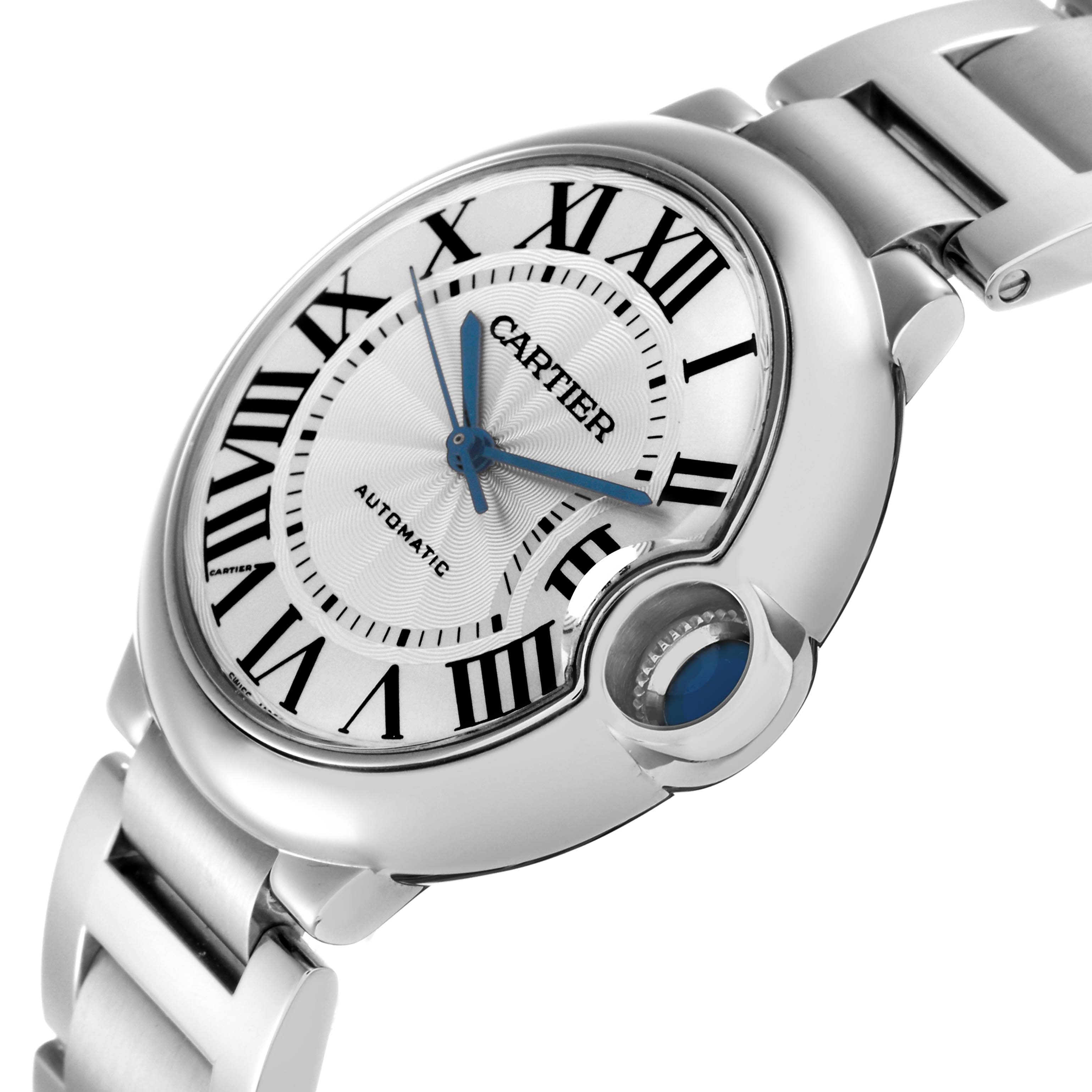 The Cartier Ballon Bleu W6920046 Women
s Stainless Steel Silver Dial W6920046 Women
s Stainless Steel Silver Dial watch is shown at an angled side view, highlighting the dial, crown, and part of the bracelet.