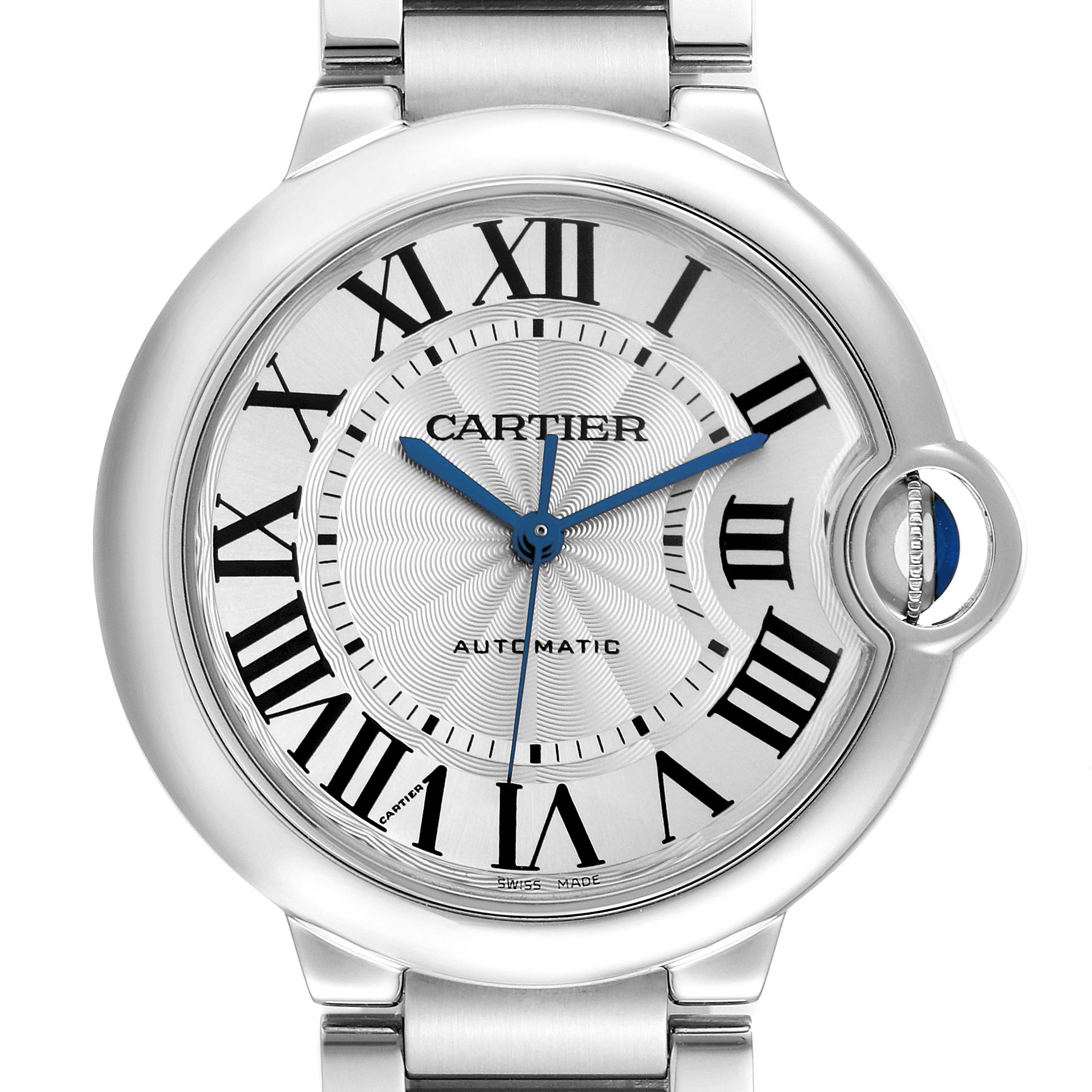 The Cartier Ballon Bleu W6920046 Women
s Stainless Steel Silver Dial W6920046 Women
s Stainless Steel Silver Dial watch is shown from the front, highlighting its face, Roman numerals, and blue hands.