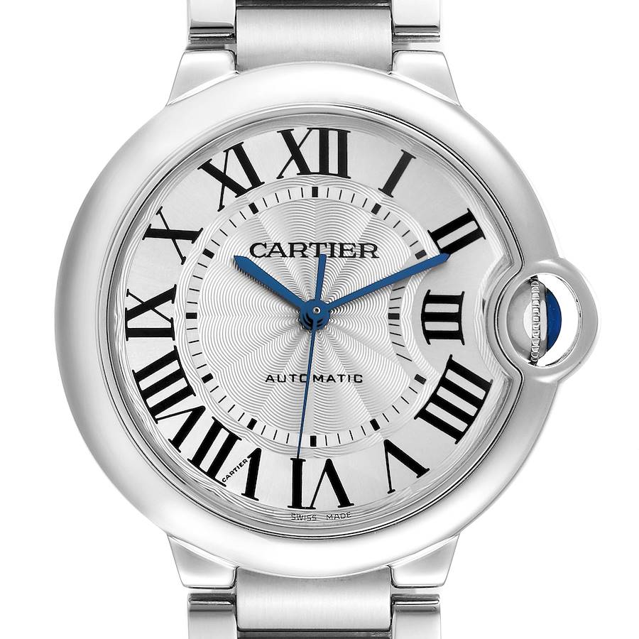 The Cartier Ballon Bleu watch is shown from the front, highlighting its face, Roman numerals, and blue hands.