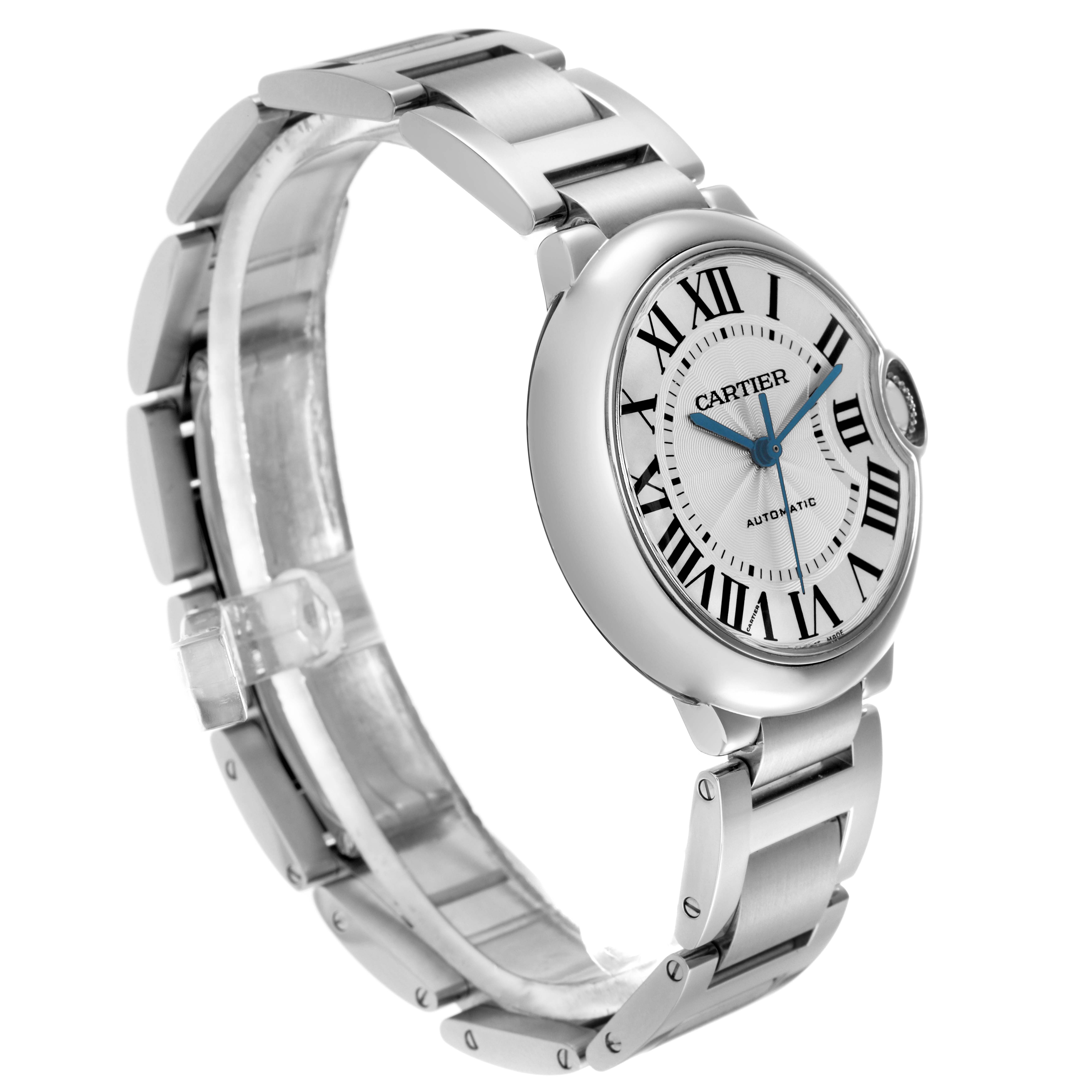 The Cartier Ballon Bleu W6920046 Women
s Stainless Steel Silver Dial W6920046 Women
s Stainless Steel Silver Dial watch is shown at an angle highlighting the face, bezel, crown, and part of the bracelet.