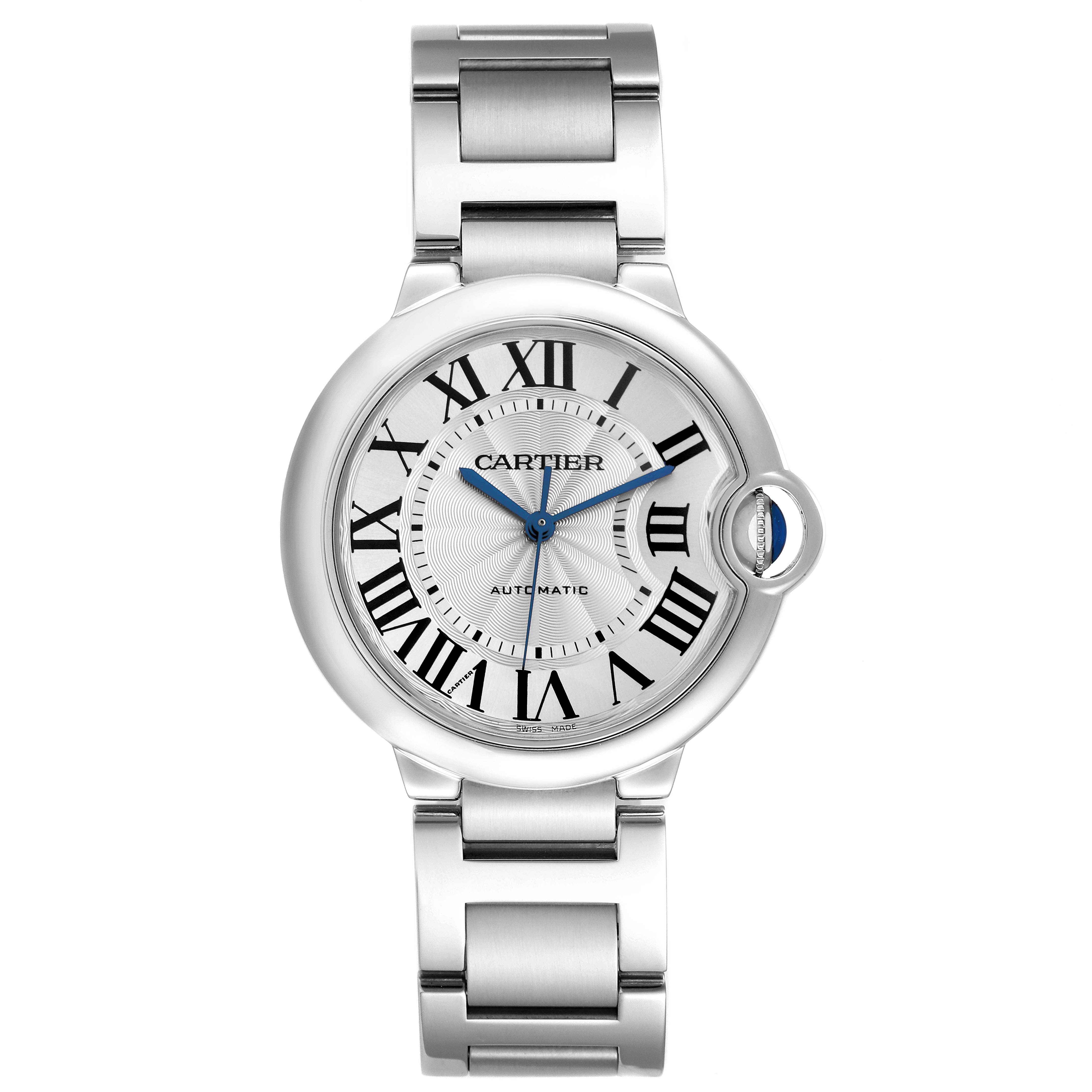 The Cartier Ballon Bleu W6920046 Women
s Stainless Steel Silver Dial W6920046 Women
s Stainless Steel Silver Dial watch is shown from a top view, highlighting the face, crown, and stainless steel bracelet.