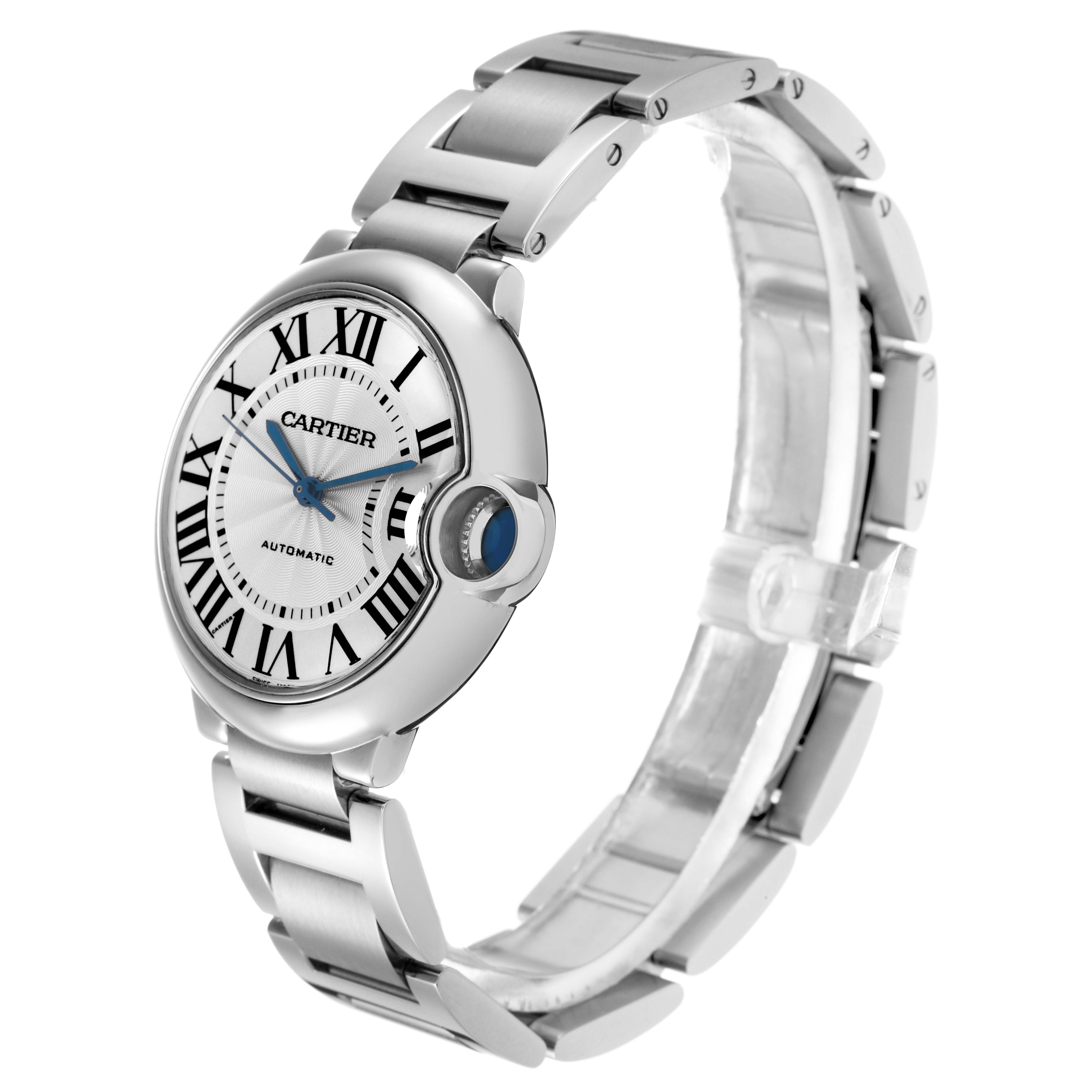 The Cartier Ballon Bleu W6920046 Women
s Stainless Steel Silver Dial W6920046 Women
s Stainless Steel Silver Dial watch is shown at a three-quarter angle, highlighting the case, crown, bracelet, and dial.