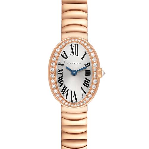 The Cartier Baignoire WB520026 Women's Rose Gold Silver Dial watch is shown from the front, displaying its oval face, Roman numerals, diamond bezel, and rose gold bracelet.