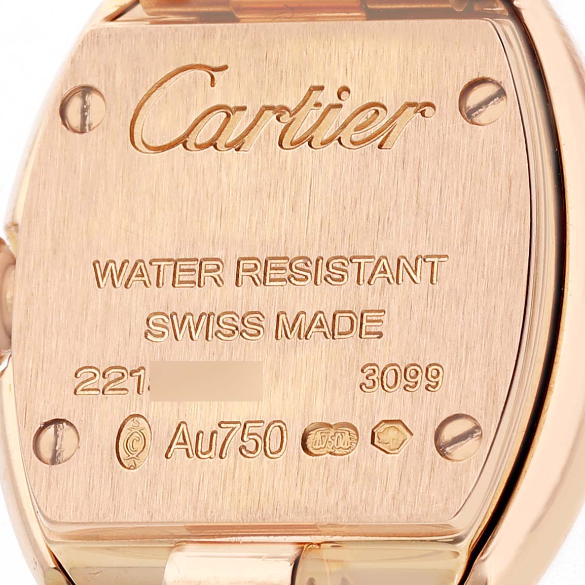 The image shows the back of a Cartier Baignoire WB520026 Women's Rose Gold Silver Dial watch, featuring engravings like "Cartier" and "Swiss Made."