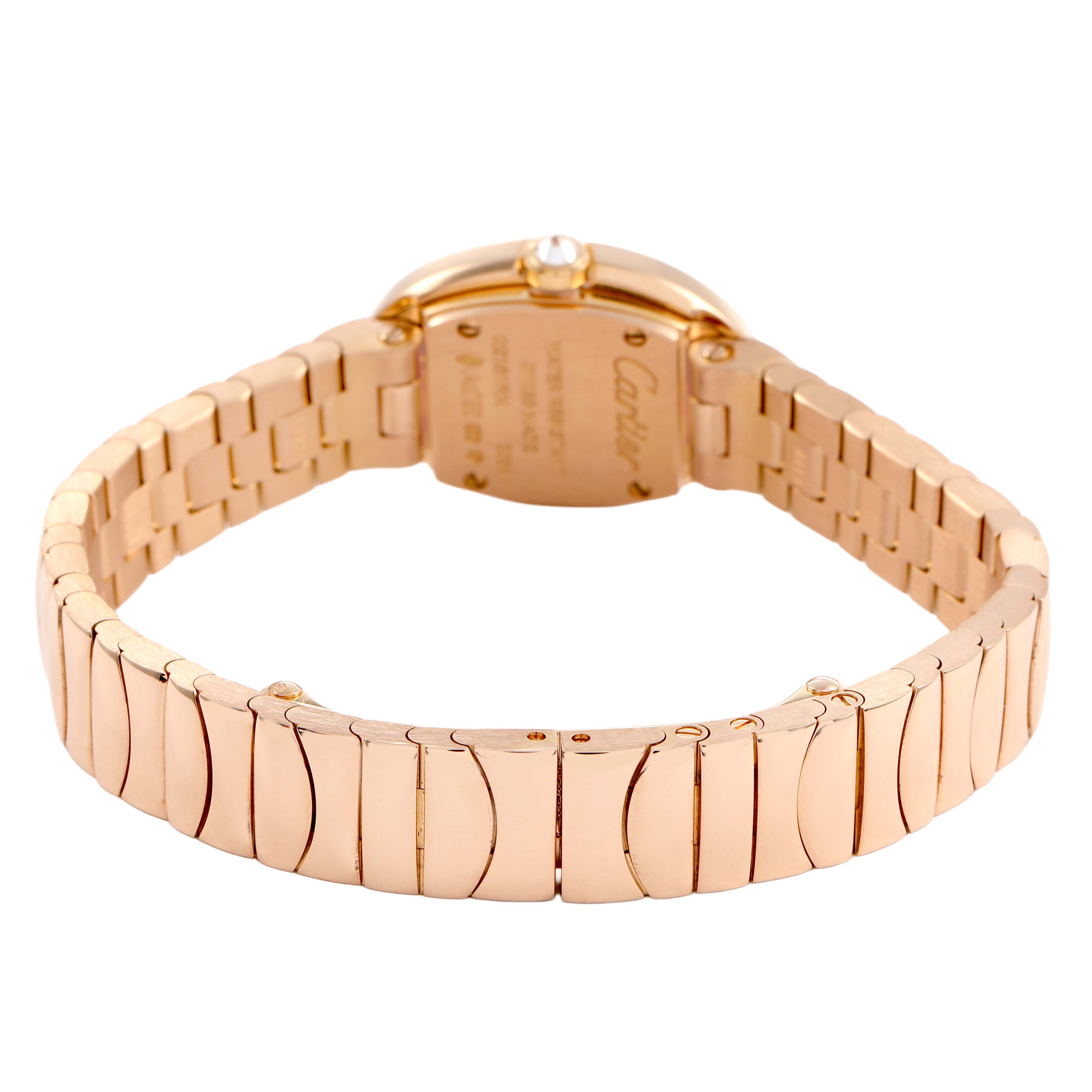 The Cartier Baignoire WB520026 Women's Rose Gold Silver Dial watch is shown from the rear, highlighting the gold bracelet and case back.