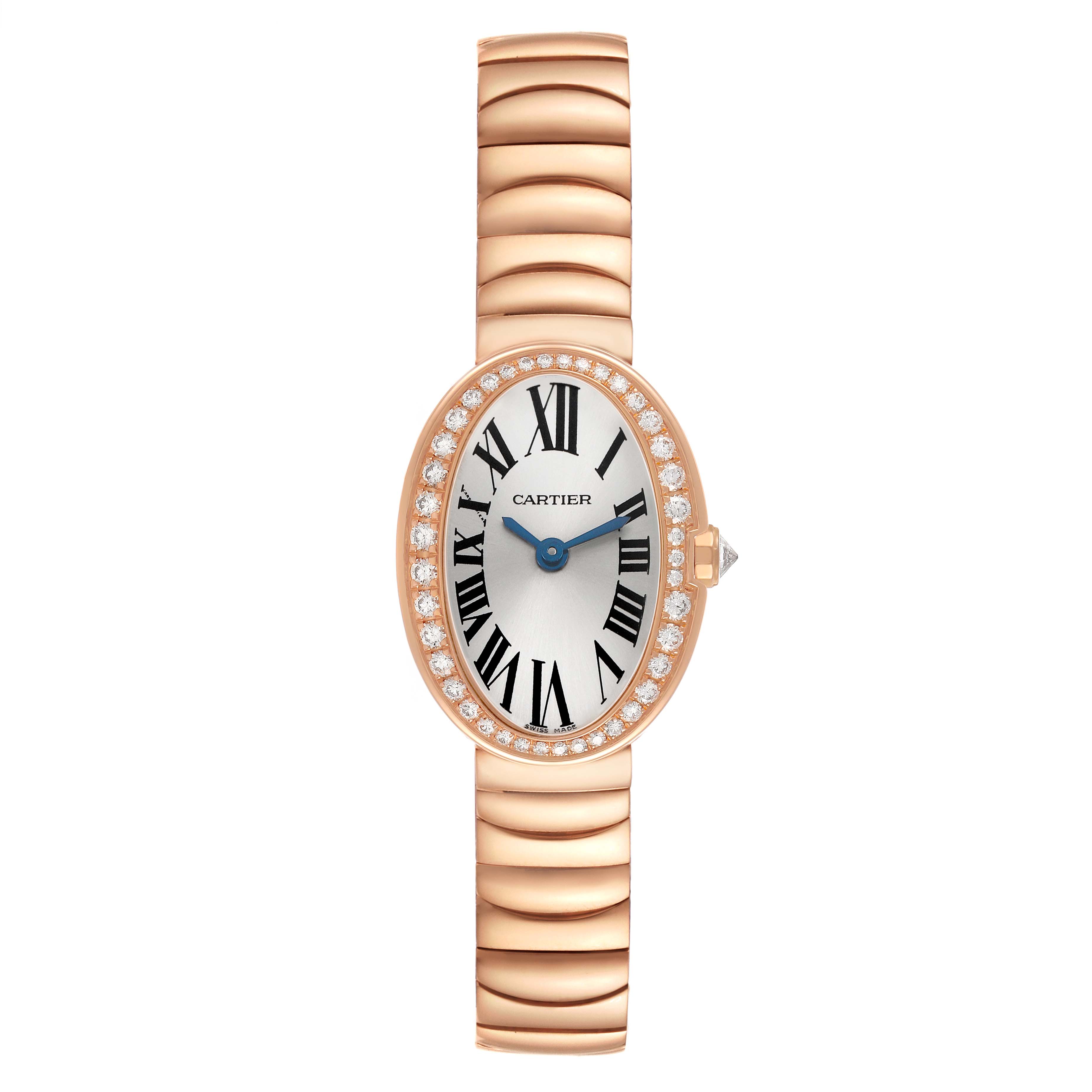 The Cartier Baignoire WB520026 Women's Rose Gold Silver Dial watch is shown from a front angle, highlighting the oval face, Roman numerals, and diamond bezel.