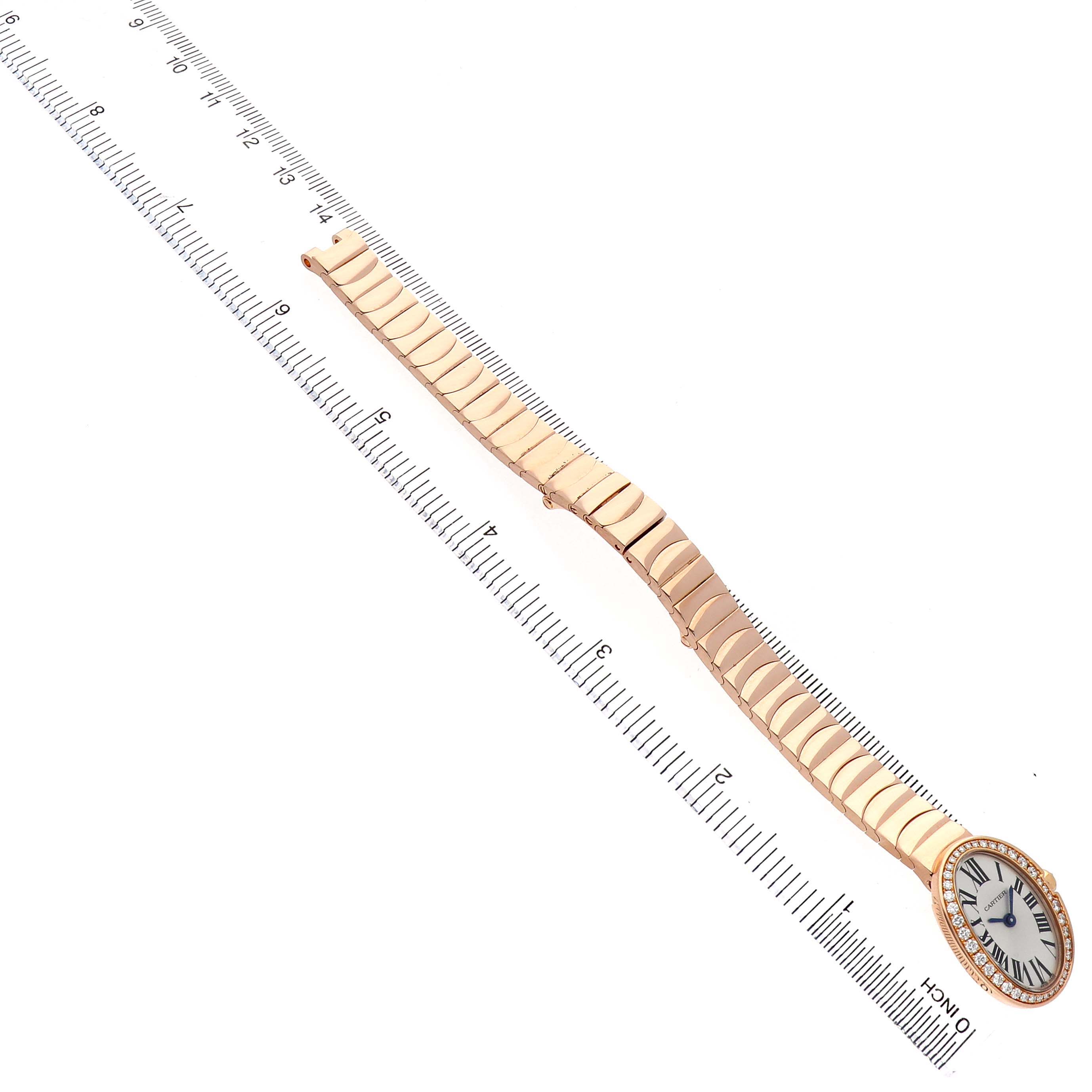 The Cartier Baignoire WB520026 Women's Rose Gold Silver Dial watch is shown from a top-down angle, displaying the entire length of the band and watch face.