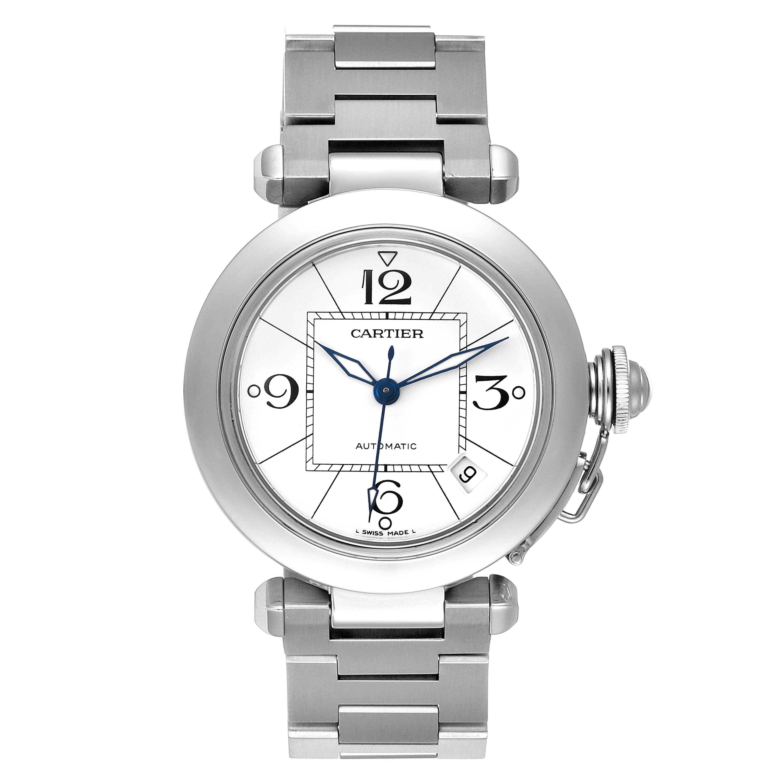 The image shows a front view of a Cartier Pasha W31074M7 Men
s Stainless Steel White Dial W31074M7 Men
s Stainless Steel White Dial watch, highlighting the face, hands, bezel, and part of the bracelet.