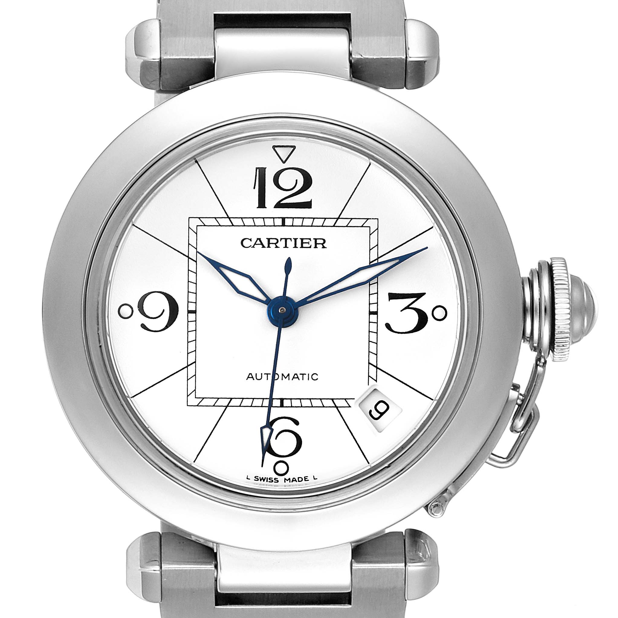 This image shows a front-view angle of the Cartier Pasha W31074M7 Men
s Stainless Steel White Dial W31074M7 Men
s Stainless Steel White Dial watch, displaying its face, hands, crown, and part of the bracelet.