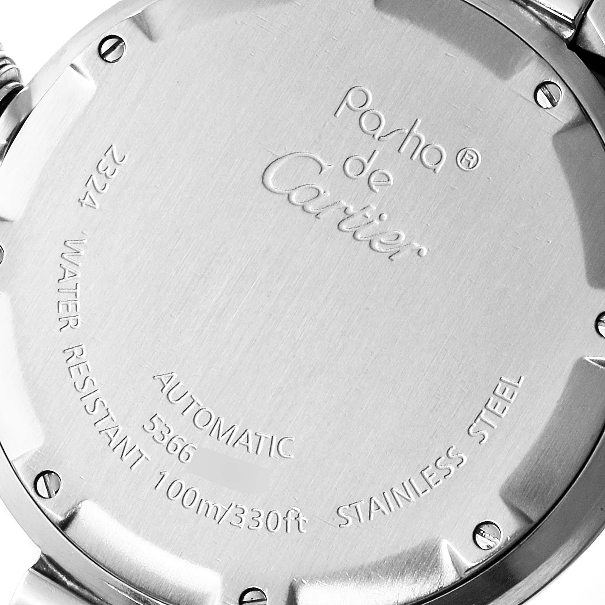 This image shows the back of a Cartier Pasha W31074M7 Men
s Stainless Steel White Dial W31074M7 Men
s Stainless Steel White Dial watch displaying engraving details like water resistance, material, and automatic movement.