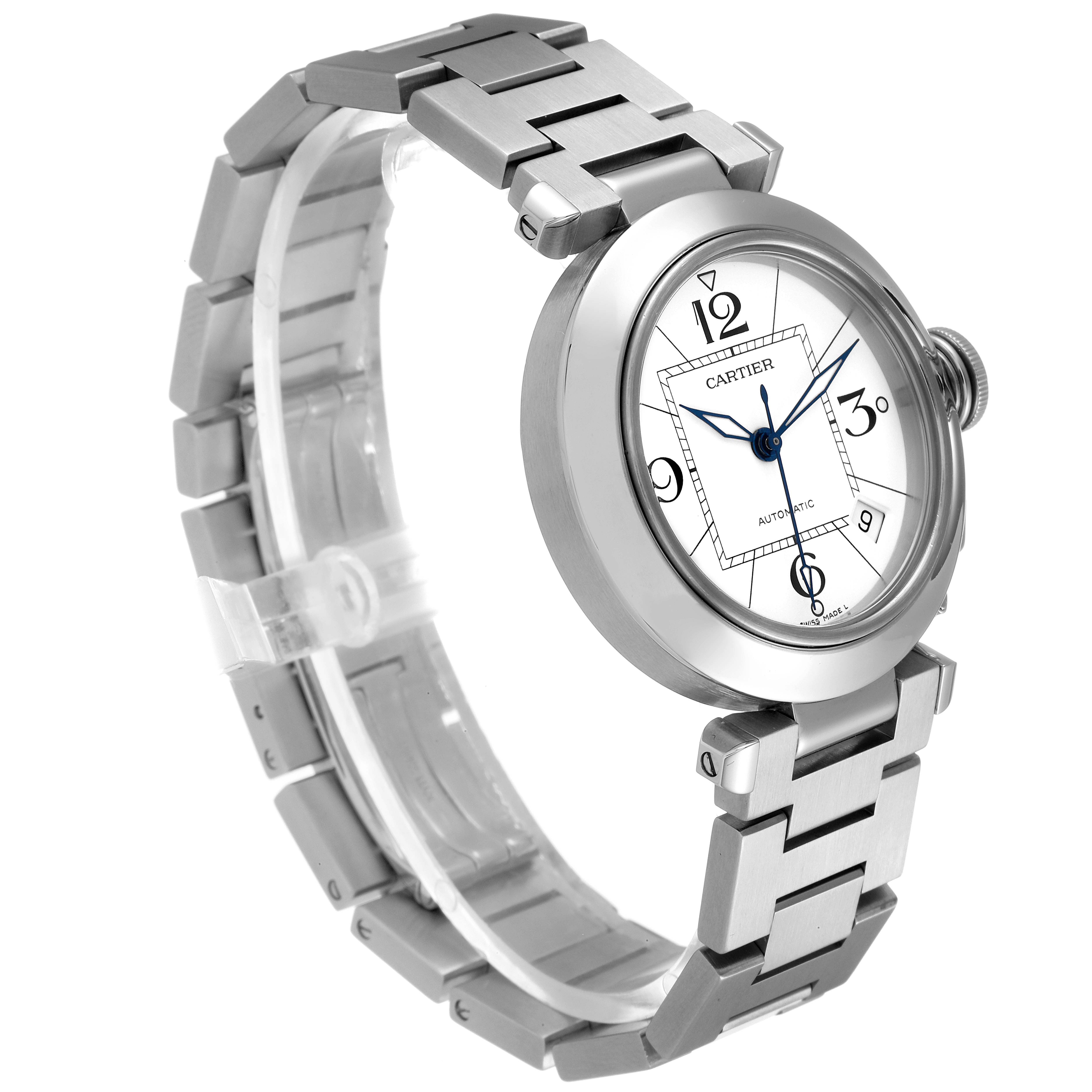 The image shows a side angle view of a Cartier Pasha W31074M7 Men
s Stainless Steel White Dial W31074M7 Men
s Stainless Steel White Dial watch, highlighting its round face, bracelet, and crown.