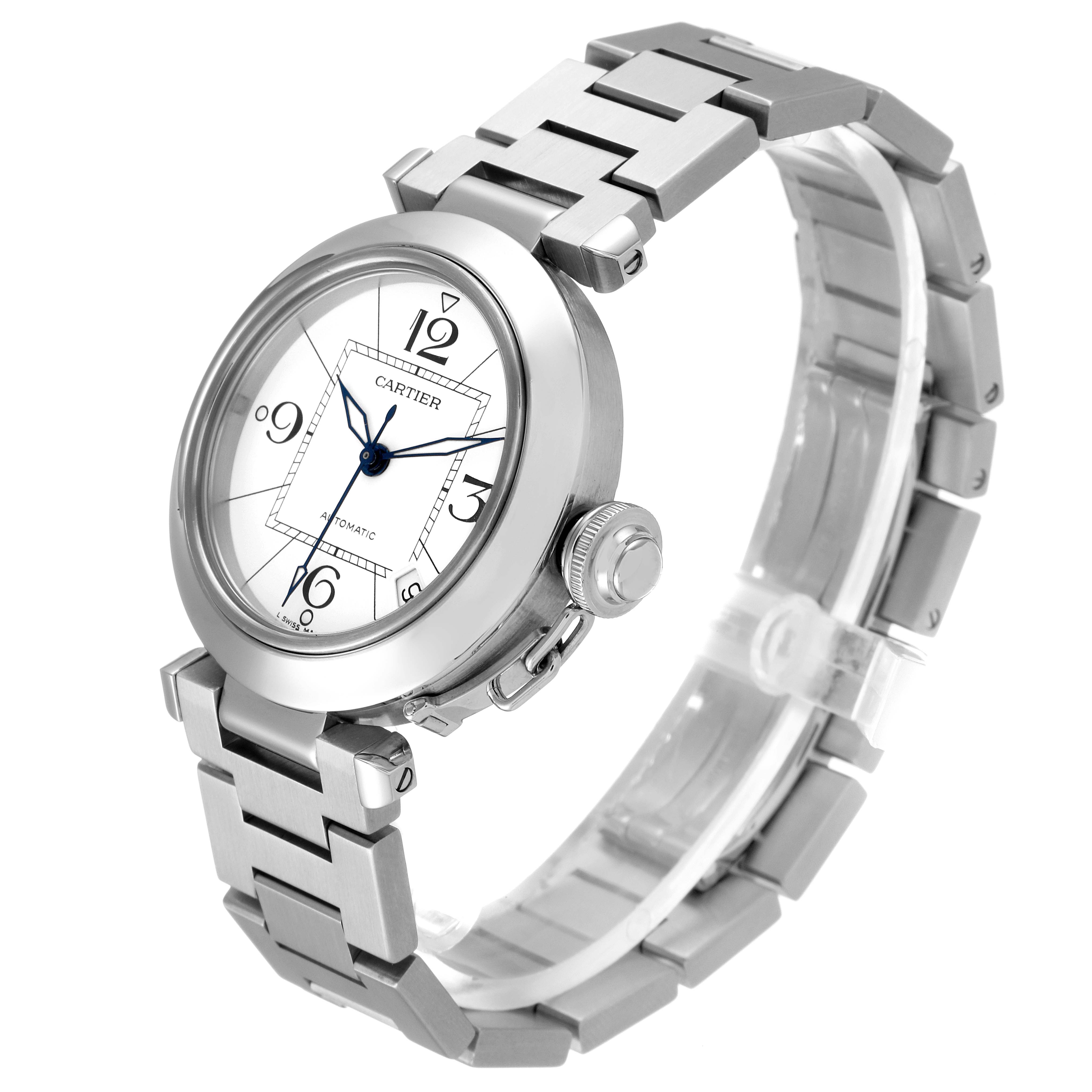 The Cartier Pasha W31074M7 Men
s Stainless Steel White Dial W31074M7 Men
s Stainless Steel White Dial watch is shown at an angle highlighting its face, crown, and metal bracelet.