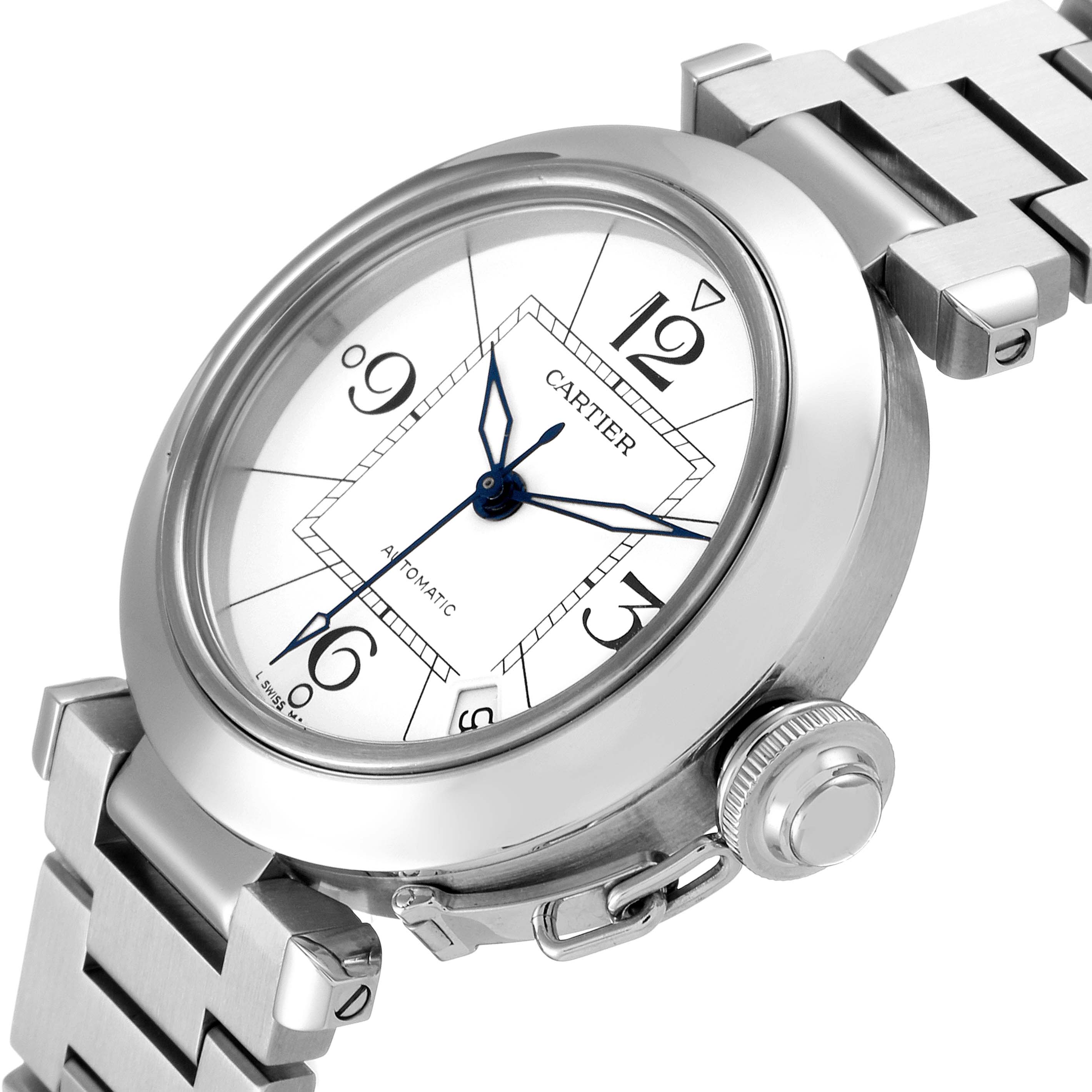 The image shows a Cartier Pasha W31074M7 Men
s Stainless Steel White Dial W31074M7 Men
s Stainless Steel White Dial watch face at an angled view, highlighting its dial, hands, crown, and part of the metal bracelet.