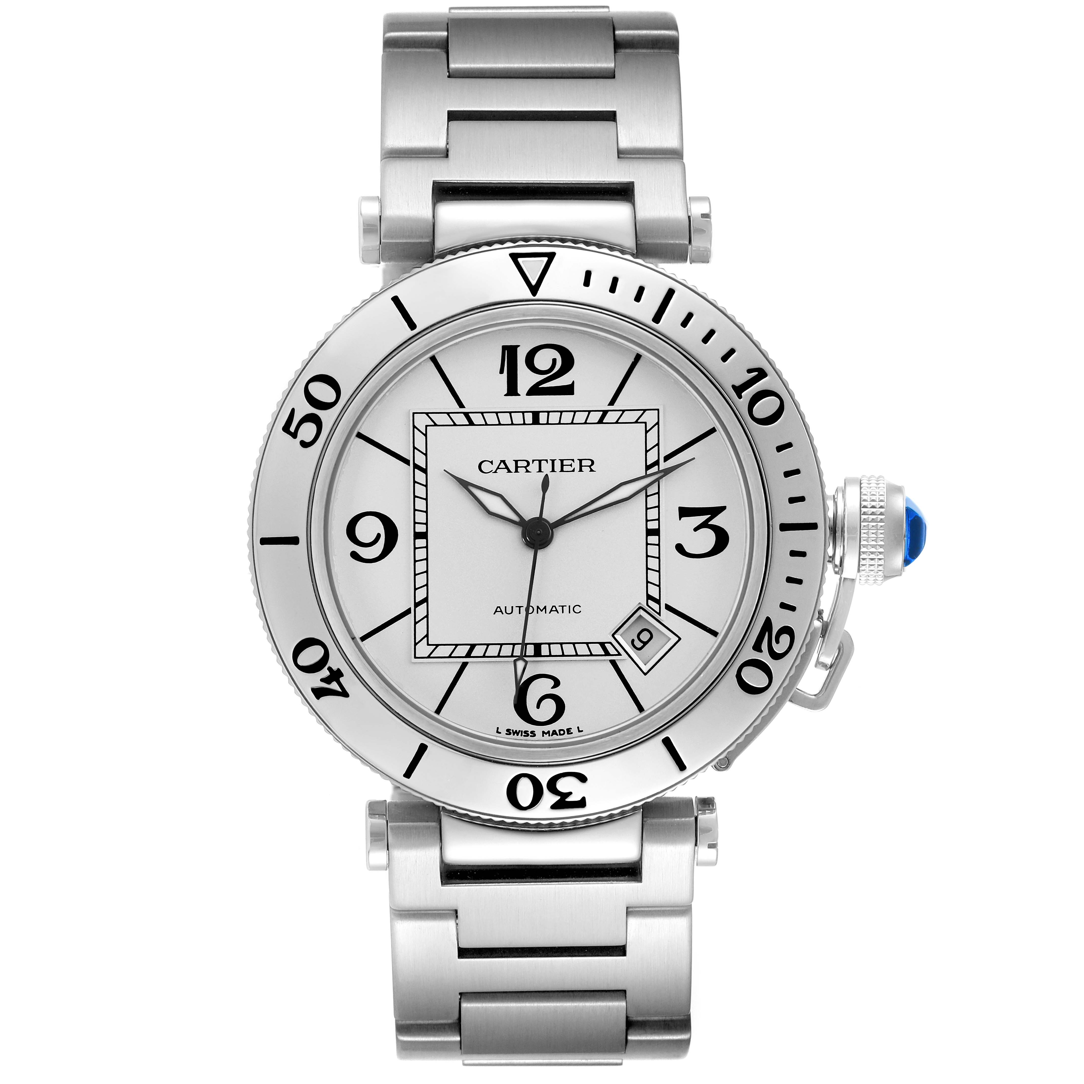 The Cartier Pasha W31080M7 Men
s Stainless Steel Silver Dial W31080M7 Men
s Stainless Steel Silver Dial watch is shown from a front view, highlighting the dial, bezel, bracelet, and distinctive crown.