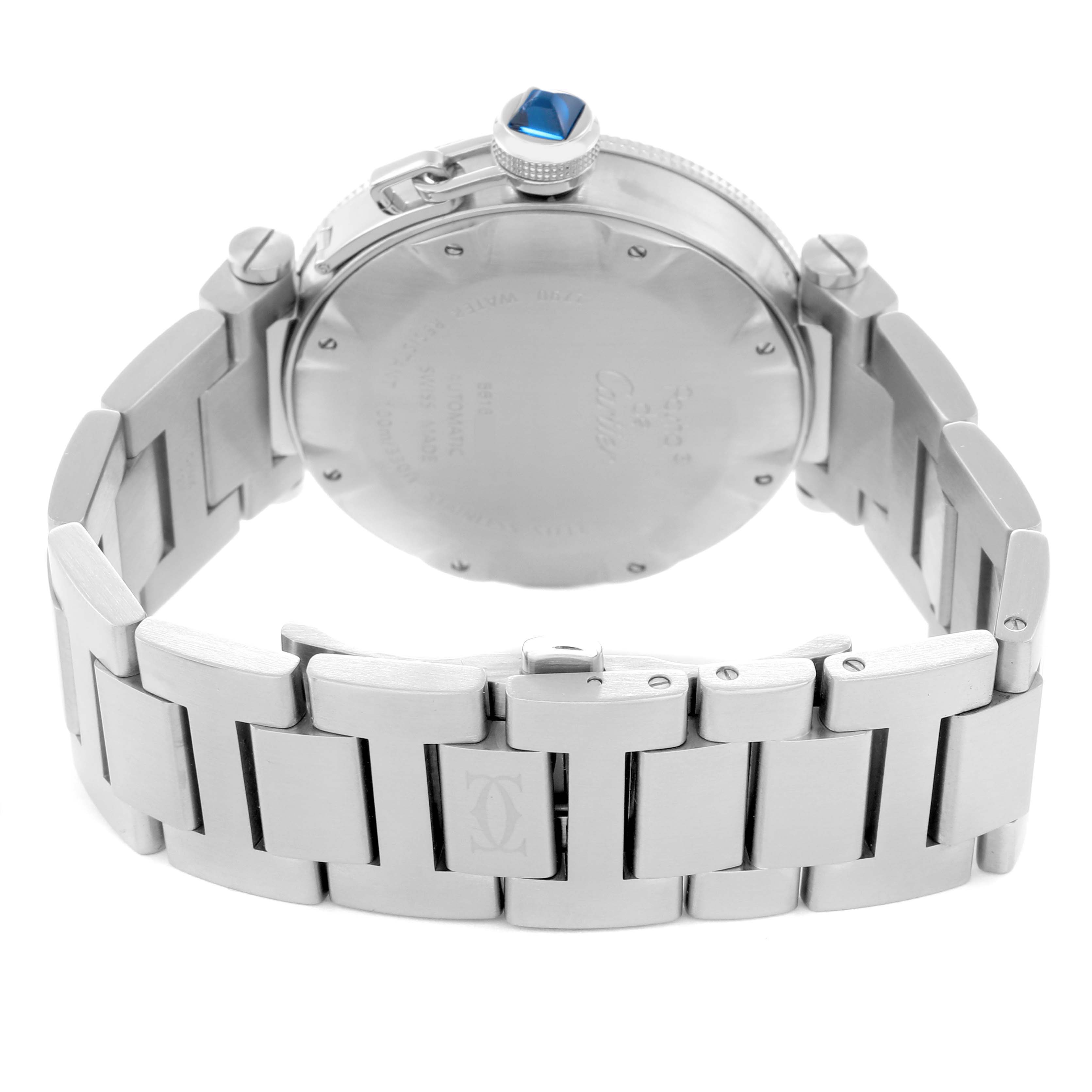 The image shows the back view of a Cartier Pasha W31080M7 Men
s Stainless Steel Silver Dial W31080M7 Men
s Stainless Steel Silver Dial watch, highlighting the case back, bracelet, and clasp.