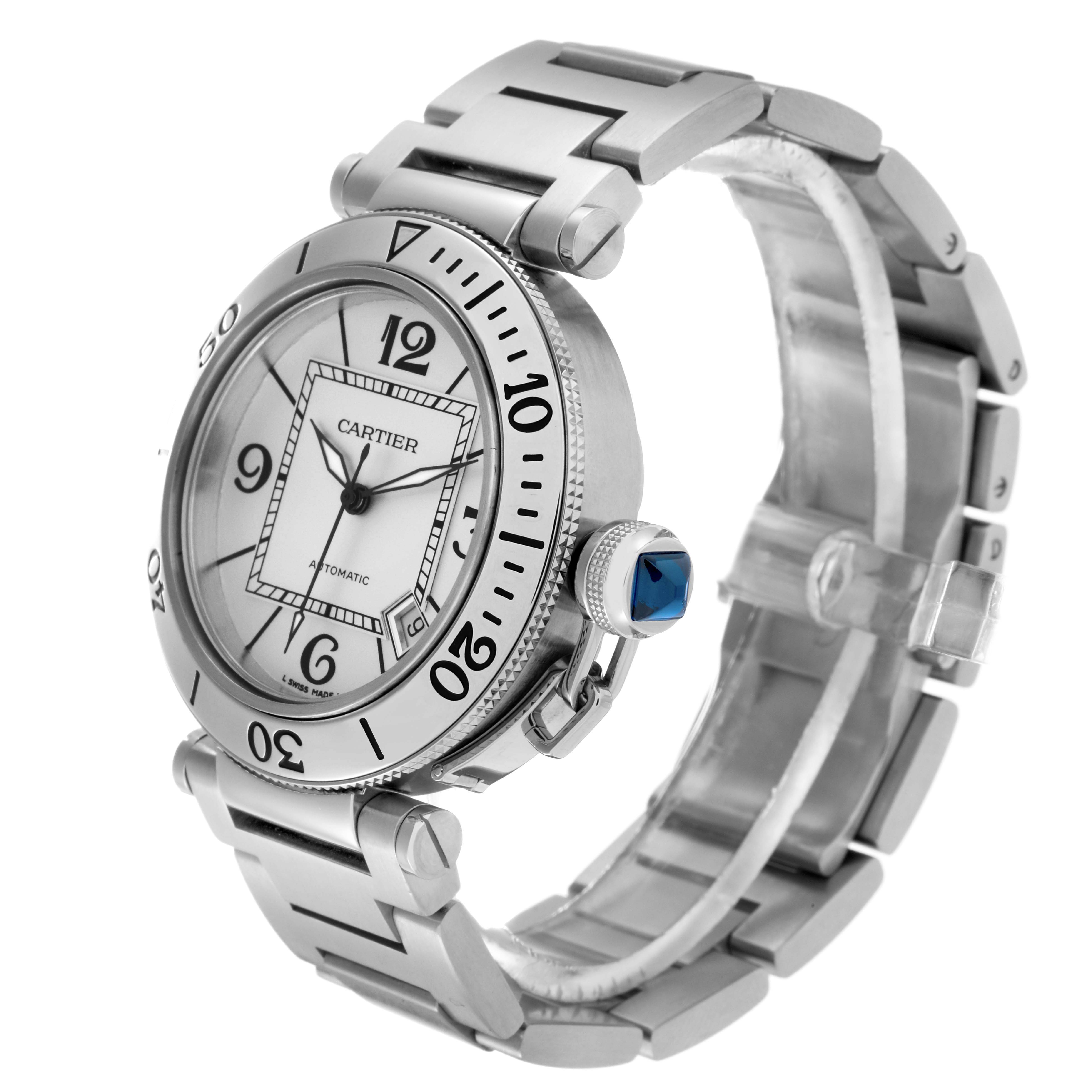 The Cartier Pasha W31080M7 Men
s Stainless Steel Silver Dial W31080M7 Men
s Stainless Steel Silver Dial watch is shown at a three-quarter angle, highlighting the face, bezel, crown, and part of the metal bracelet.
