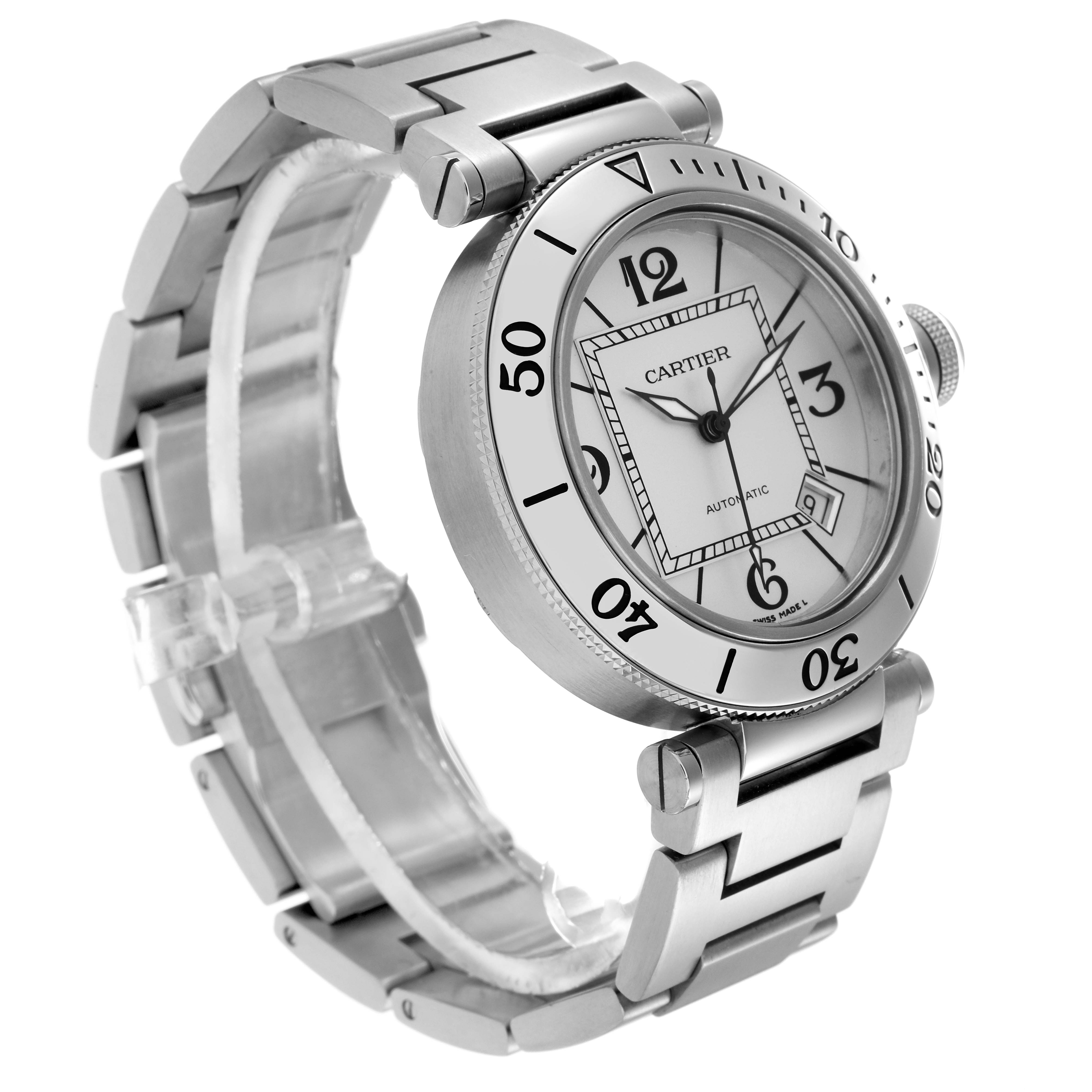 The Cartier Pasha W31080M7 Men
s Stainless Steel Silver Dial W31080M7 Men
s Stainless Steel Silver Dial watch is shown at a three-quarter angle, displaying the dial, bezel, and metal bracelet.