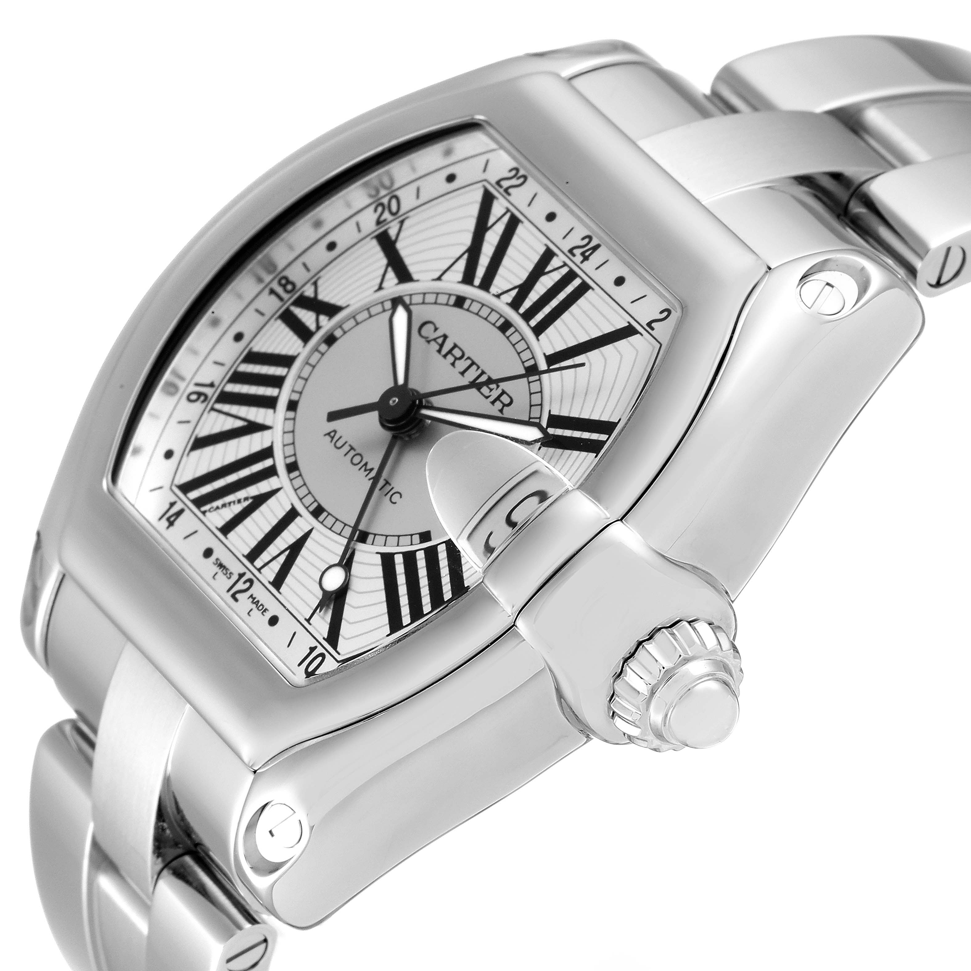 The Cartier Roadster W62032X6 Men
s Stainless Steel Silver Dial W62032X6 Men
s Stainless Steel Silver Dial watch is shown from a side angle, highlighting the dial, case, and bracelet.