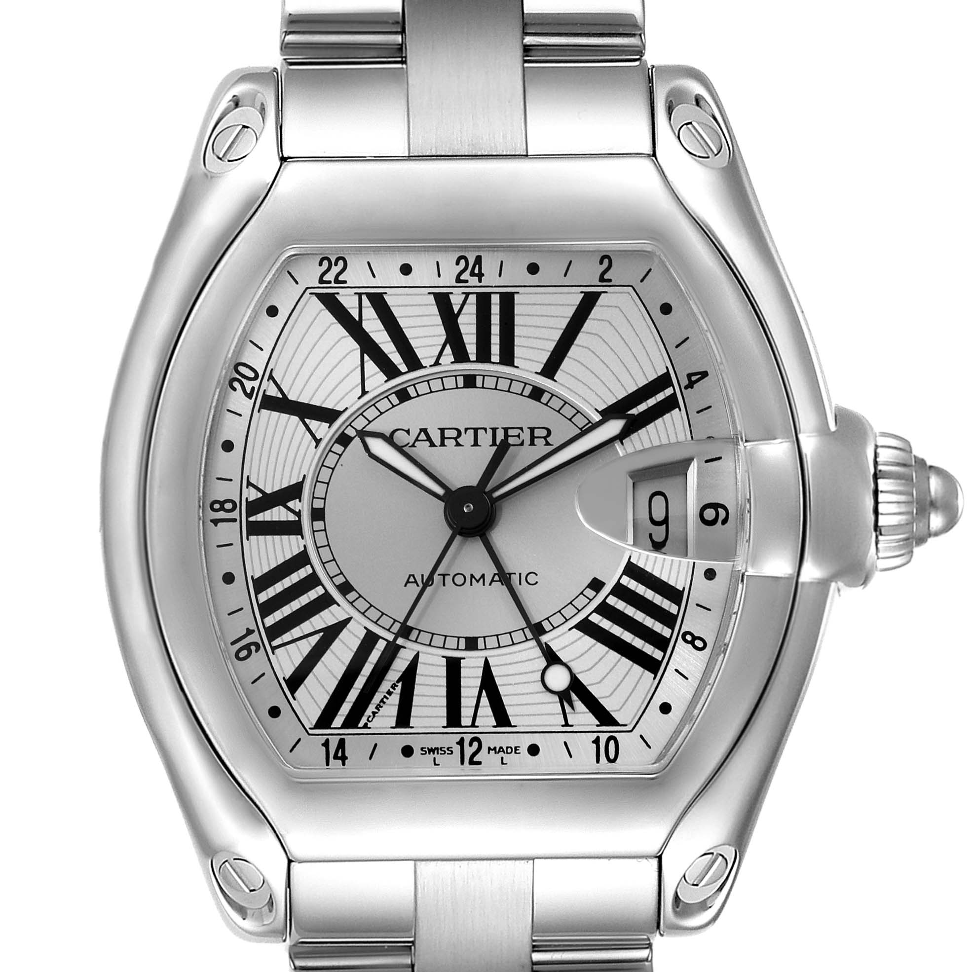 The image shows a top view of the Cartier Roadster W62032X6 Men
s Stainless Steel Silver Dial W62032X6 Men
s Stainless Steel Silver Dial watch, highlighting its dial, bezel, crown, and part of the bracelet.
